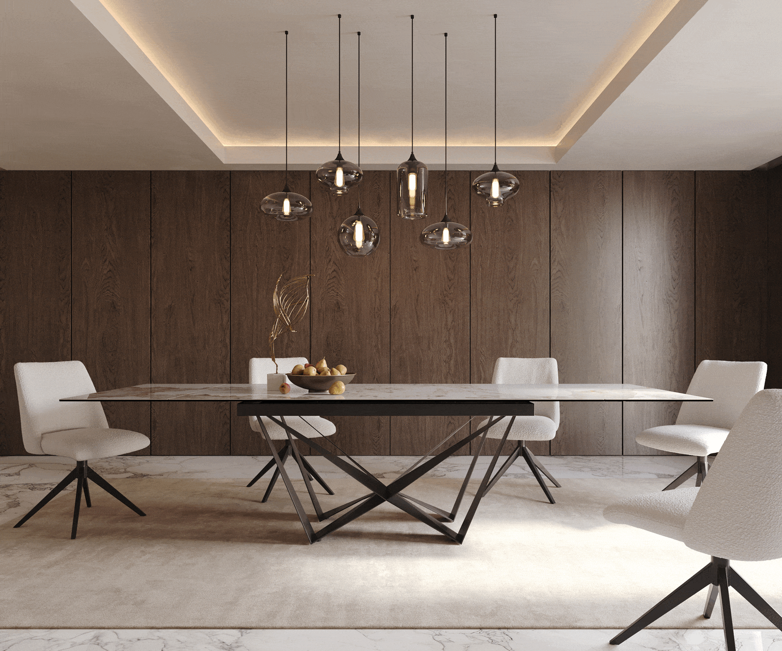 Esstisch Edge 200-300x100 Keramik Minas Melange Weiß-Beige Spider Flachstahl Schwarz ausziehbar 1