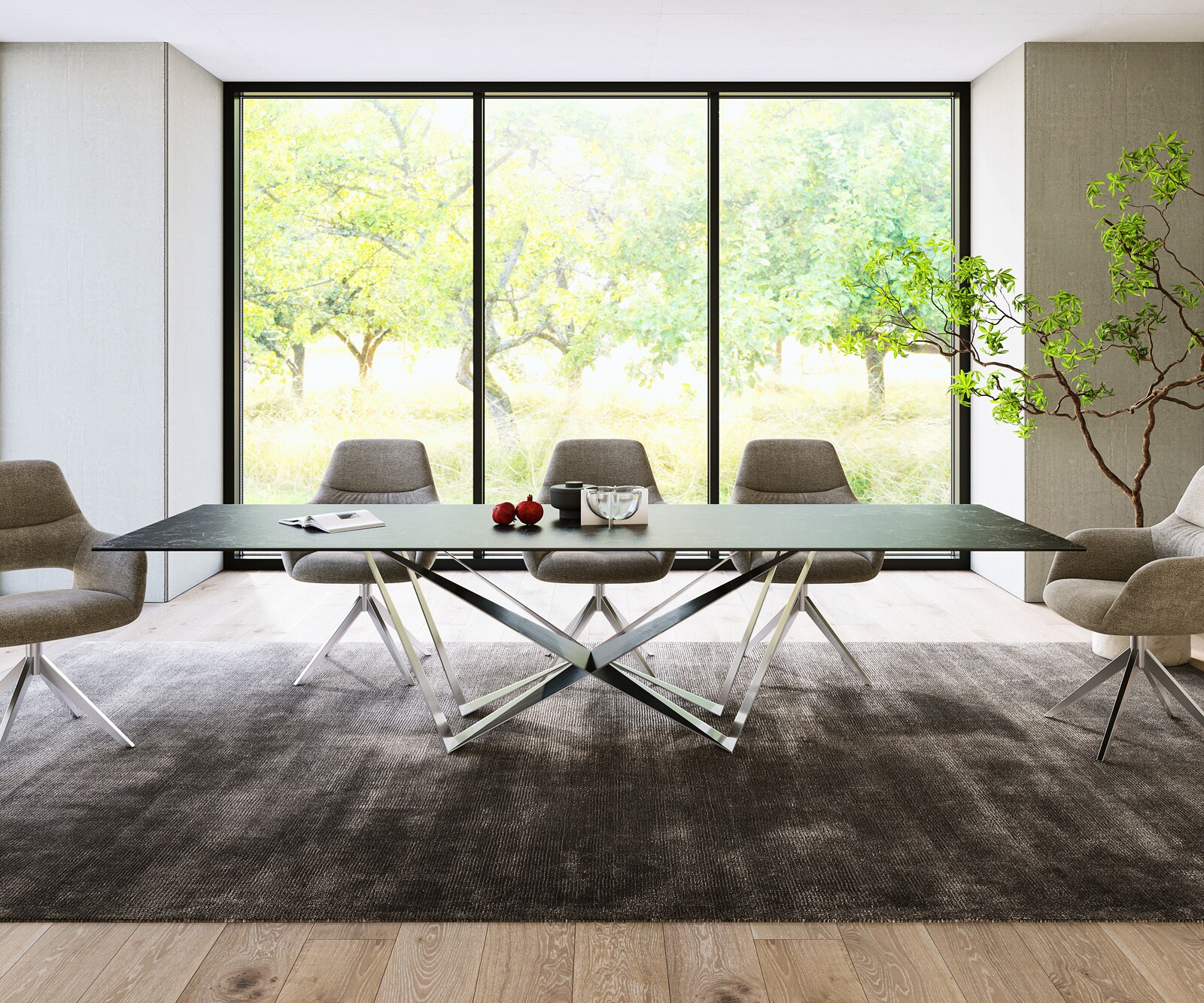 Esstisch Edge 300x100cm Keramik Laminam®Nero Greco Anthrazit Spider Flachstahl Edelstahl 1