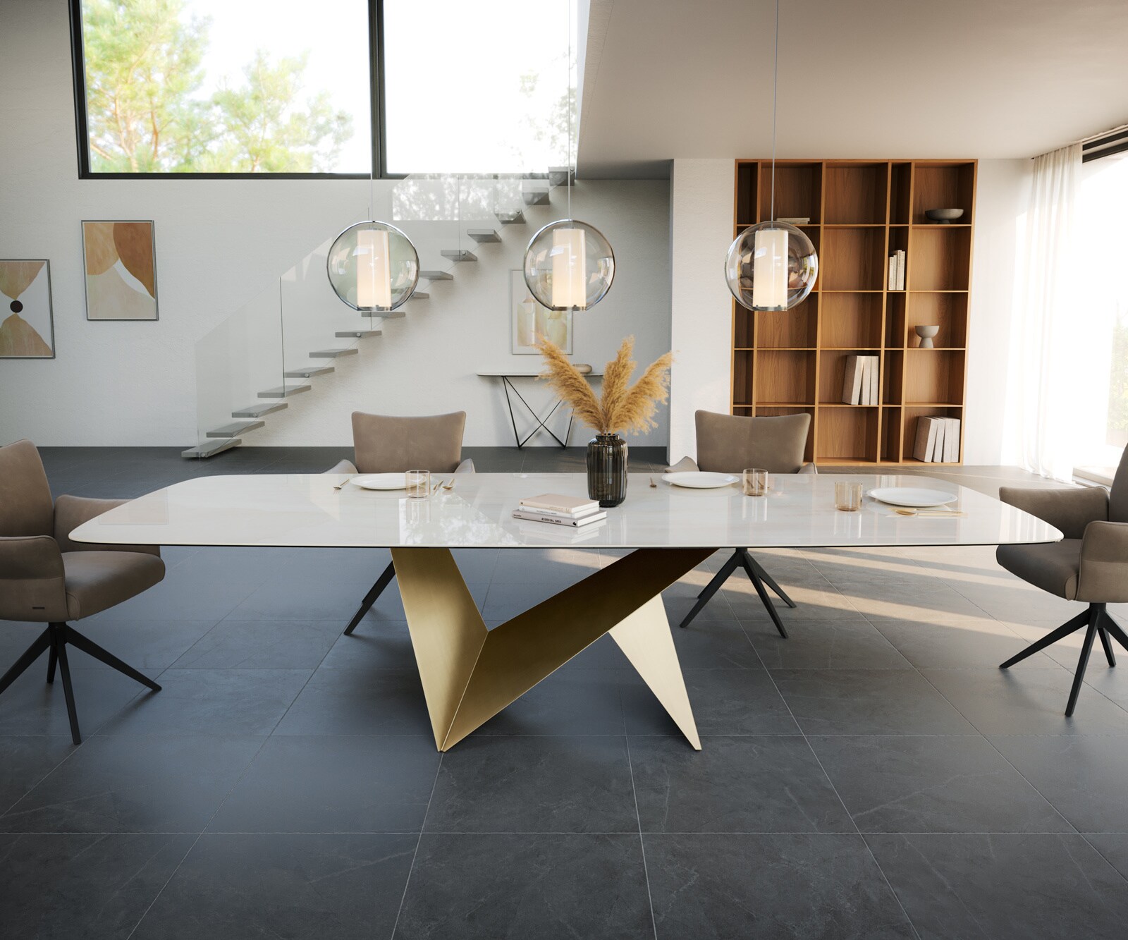 Esstisch Edge Boot 300x120 cm Keramik Onyx Champagne Origami Metallic Gold 1