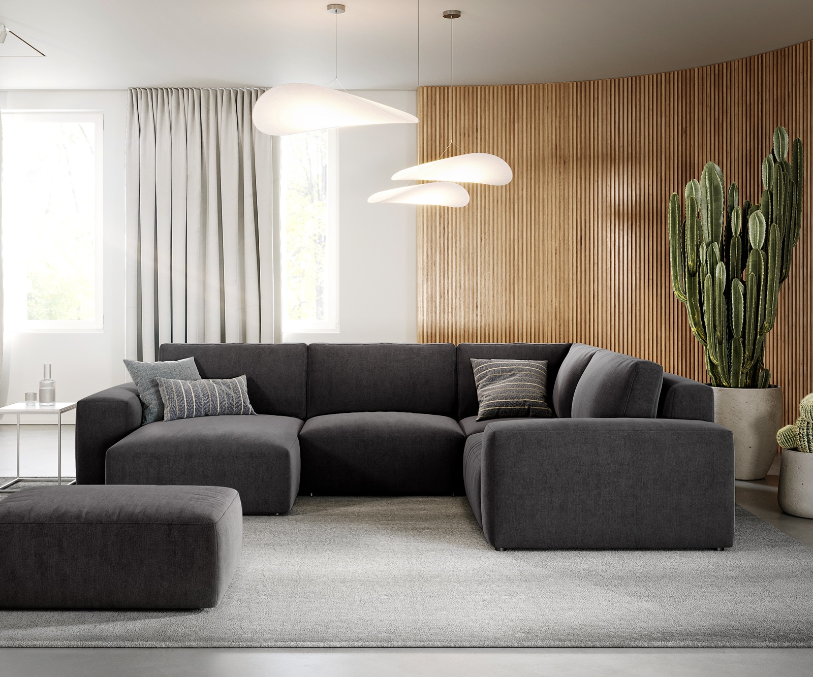 Grand canapé d’angle Lanzo cm microfibre noir méridienne réversible avec pouf