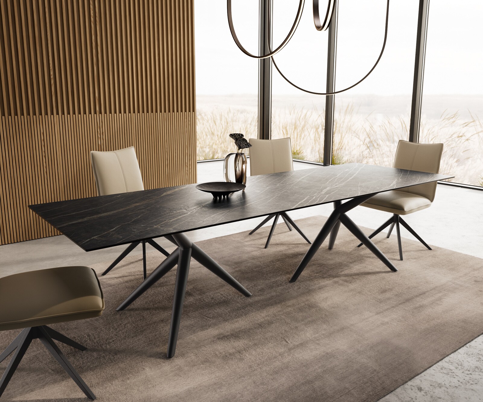 DELIFE Esstisch Edge 300x100 Keramik LaminamNoir Desir Braun Estelar rund Metall Schwarz