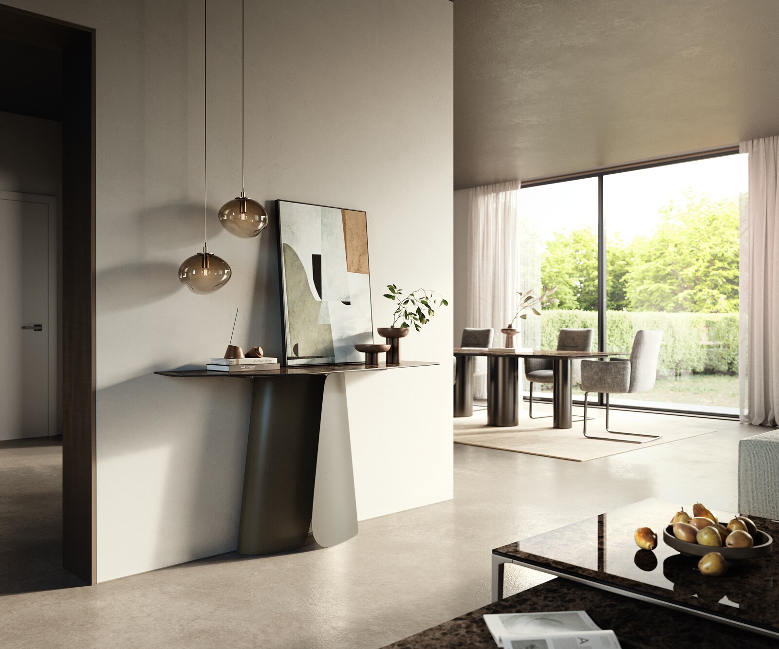 Konsolentisch Edge Polygonal 140x50 cm Keramik Emperador Extra Lucidato Dunkelbraun Livos Metall Effektfinish Titan 7
