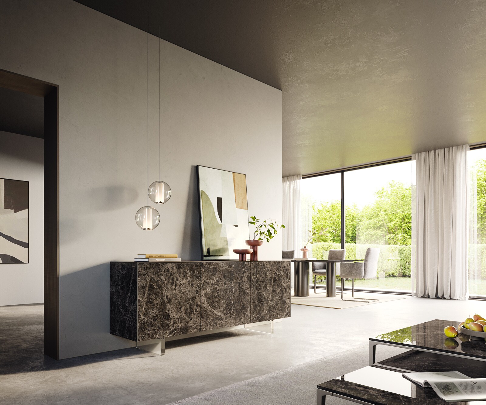 Sideboard Cuor 180 cm Keramik Emperador Extra Lucidato Dunkelbraun 2 Türen 3 Schubfächer Fuß Schwebeoptik Acrylglas 6