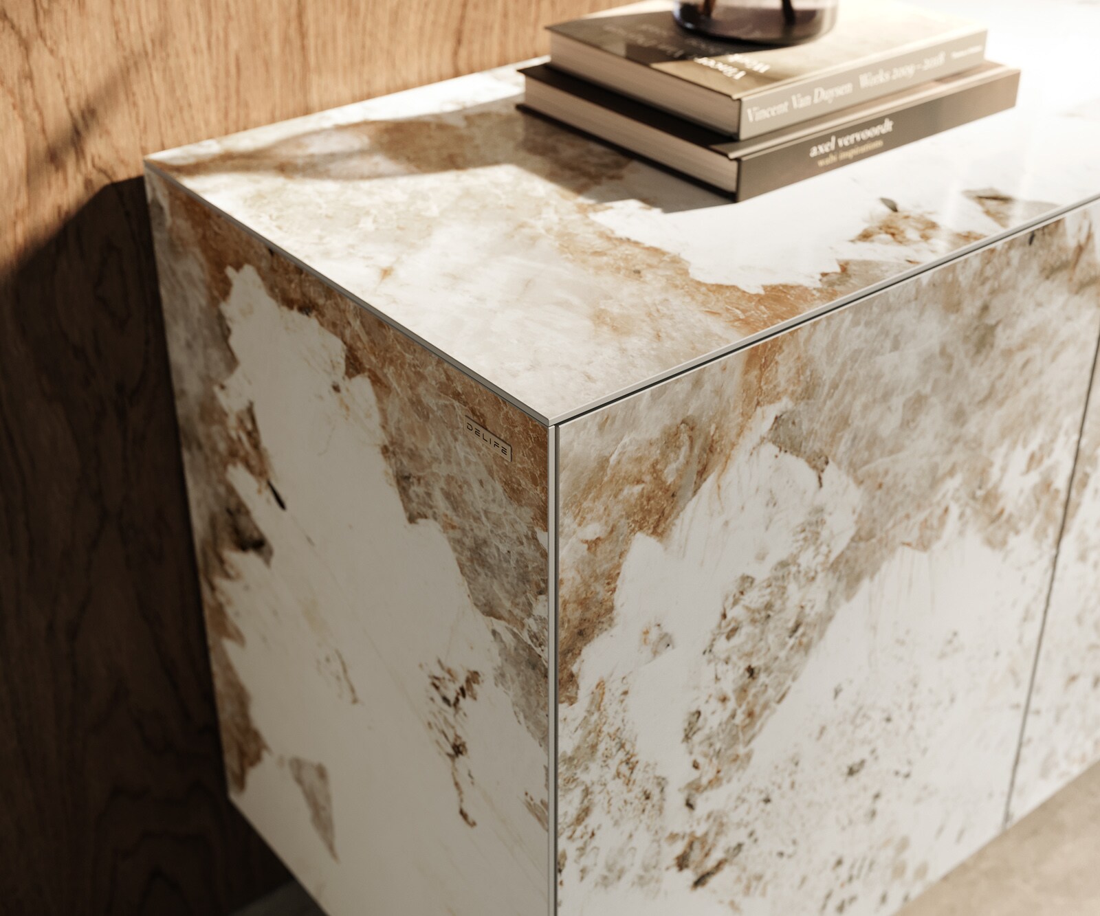 Sideboard Cuor 150 cm Keramik Minas Melange Weiß-Beige 3 Türen Fuß Schwebeoptik Acrylglas 6