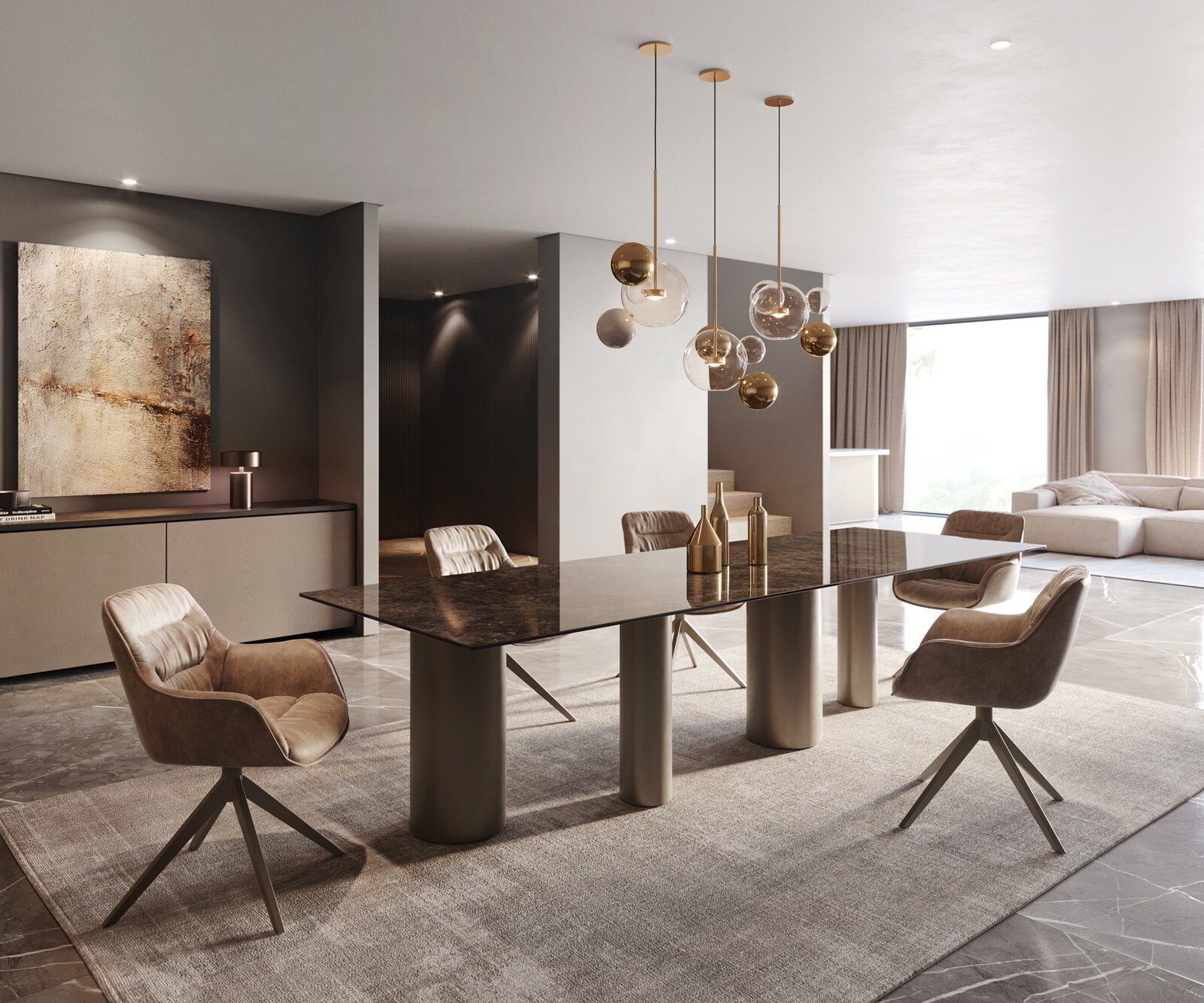 Esstisch Edge 300x100 Keramik Laminam® Emperador Extra Lucidato Dunkelbraun Pilier Metall Effektfinish Titan 6