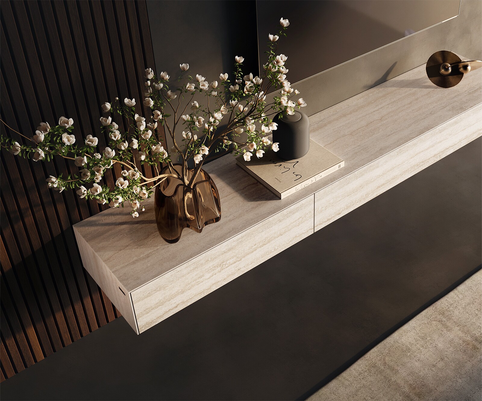 Lowboard Cuor 200 cm Keramik Laminam® Travertino Bianco Creme-Weiß 1 Klappe 1 Schubfach Schwebend 3
