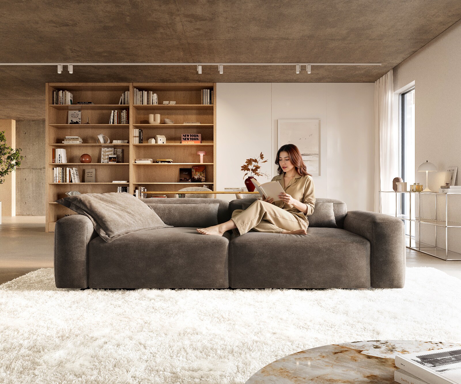 Big-Sofa Freestyle 280x110 cm Mikrofaser Taupe Vintage Kappnaht