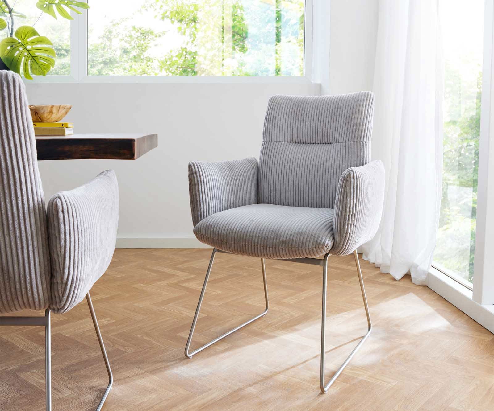 Esszimmerstuhl Jova-Flex mit Armlehnen Cord Silbergrau Kufengestell Edelstahl Taschenfederkern Esszimmerstuhl Jova-Flex mit Armlehnen Cord Silbergrau Kufengestell Edelstahl Taschenfederkern