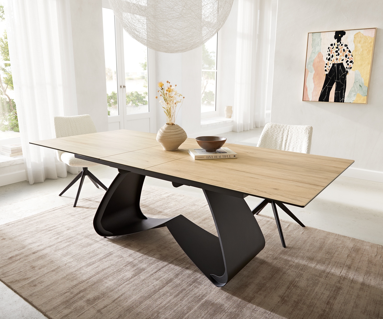 Esstisch Edge 180-220x100 Keramik Laminam® Sabbia Eichefarbig W-Gestell Schwarz ausziehbar 7