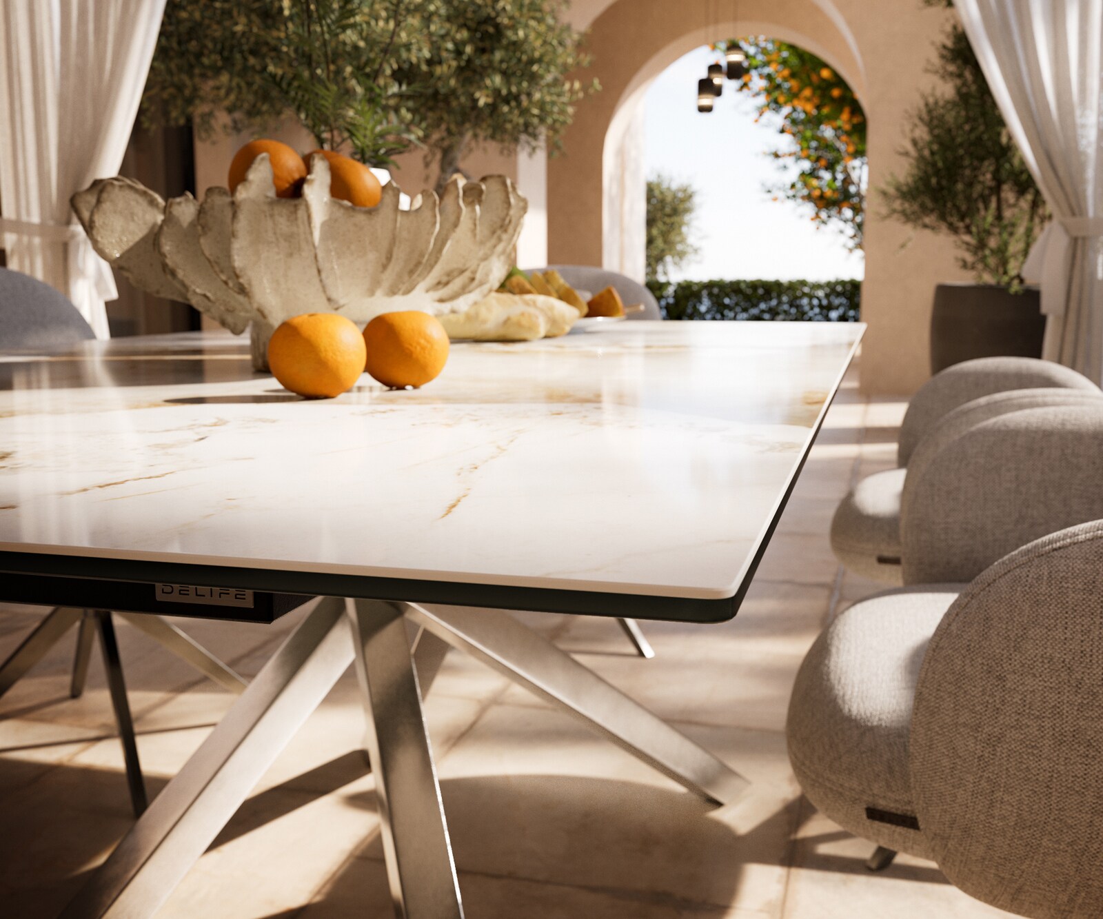 Outdoortisch Edge 200x100 cm Keramik Minas Melange Weiß-Beige Kreuzgestell Rechteck Edelstahl 3