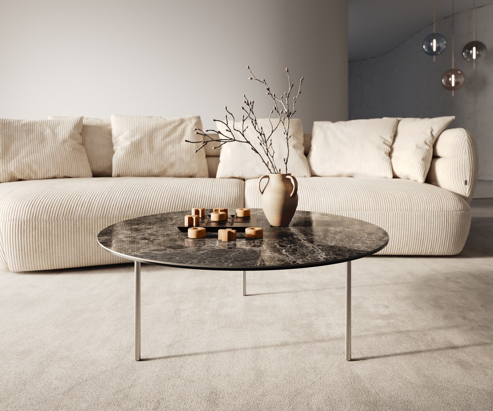 Couchtisch Edge Rund 90x90 cm Keramik Laminam® Emperador Extra Lucidato Dunkelbraun Trive Edelstahl gebürstet 1