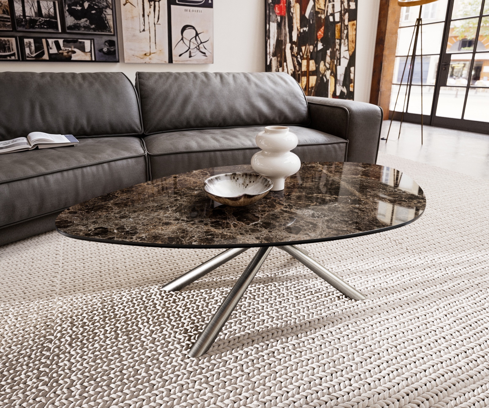 Couchtisch Edge Organisch 140x76 cm Keramik Laminam® Emperador Extra Lucidato Dunkelbraun Sarity Edelstahl gebürstet 1