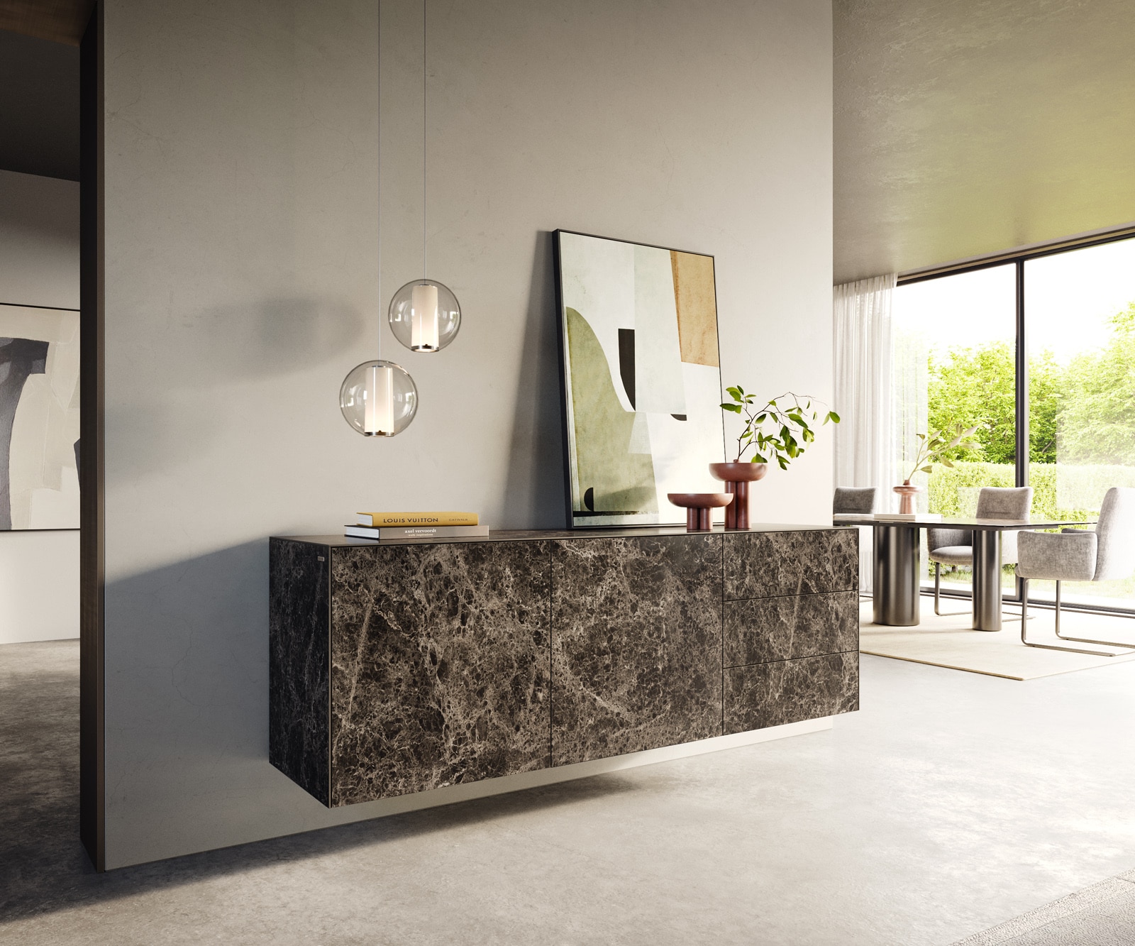 Sideboard Cuor 180 cm Keramik Emperador Extra Lucidato Dunkelbraun 2 Türen 3 Schubfächer Schwebend