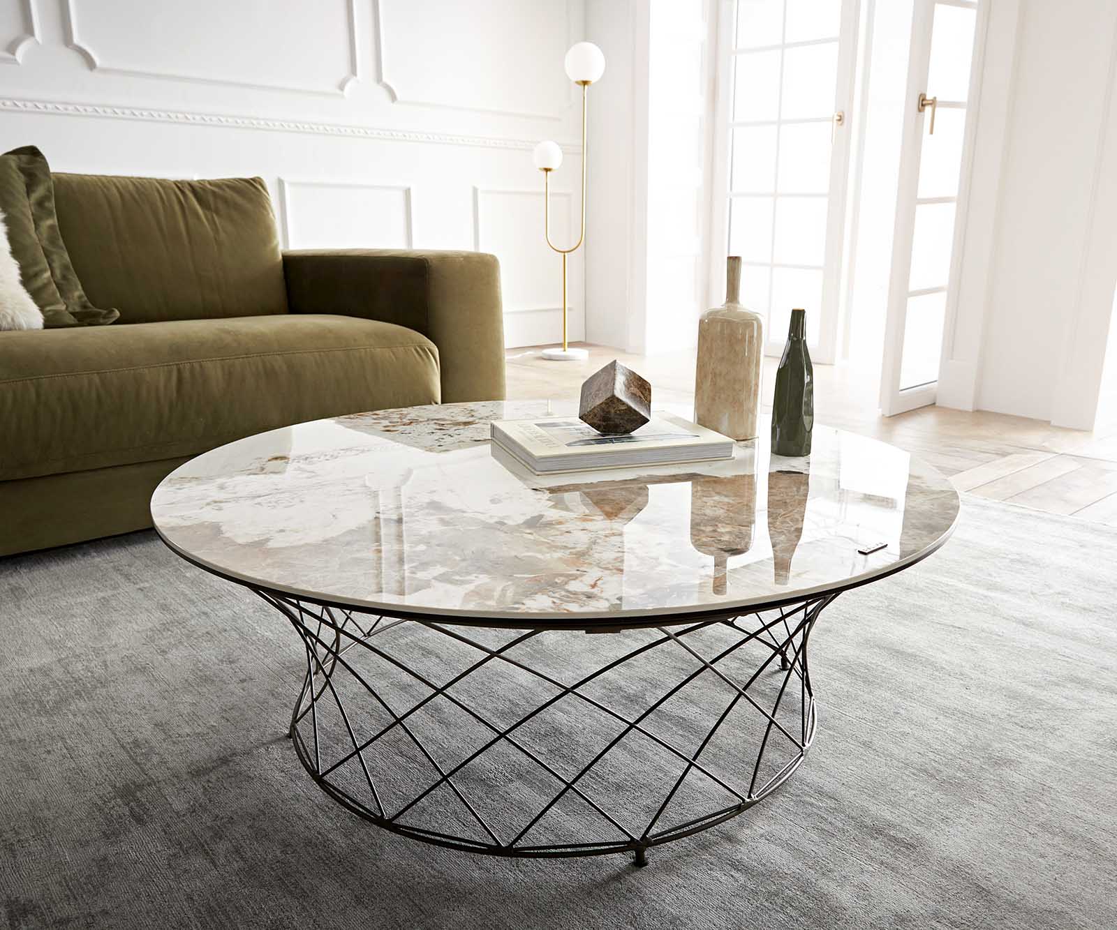 Wohnzimmertisch Lassina Keramik Minas Melange Weiß-Beige 100x100 cm Gestell Metall Effektfinish Titan