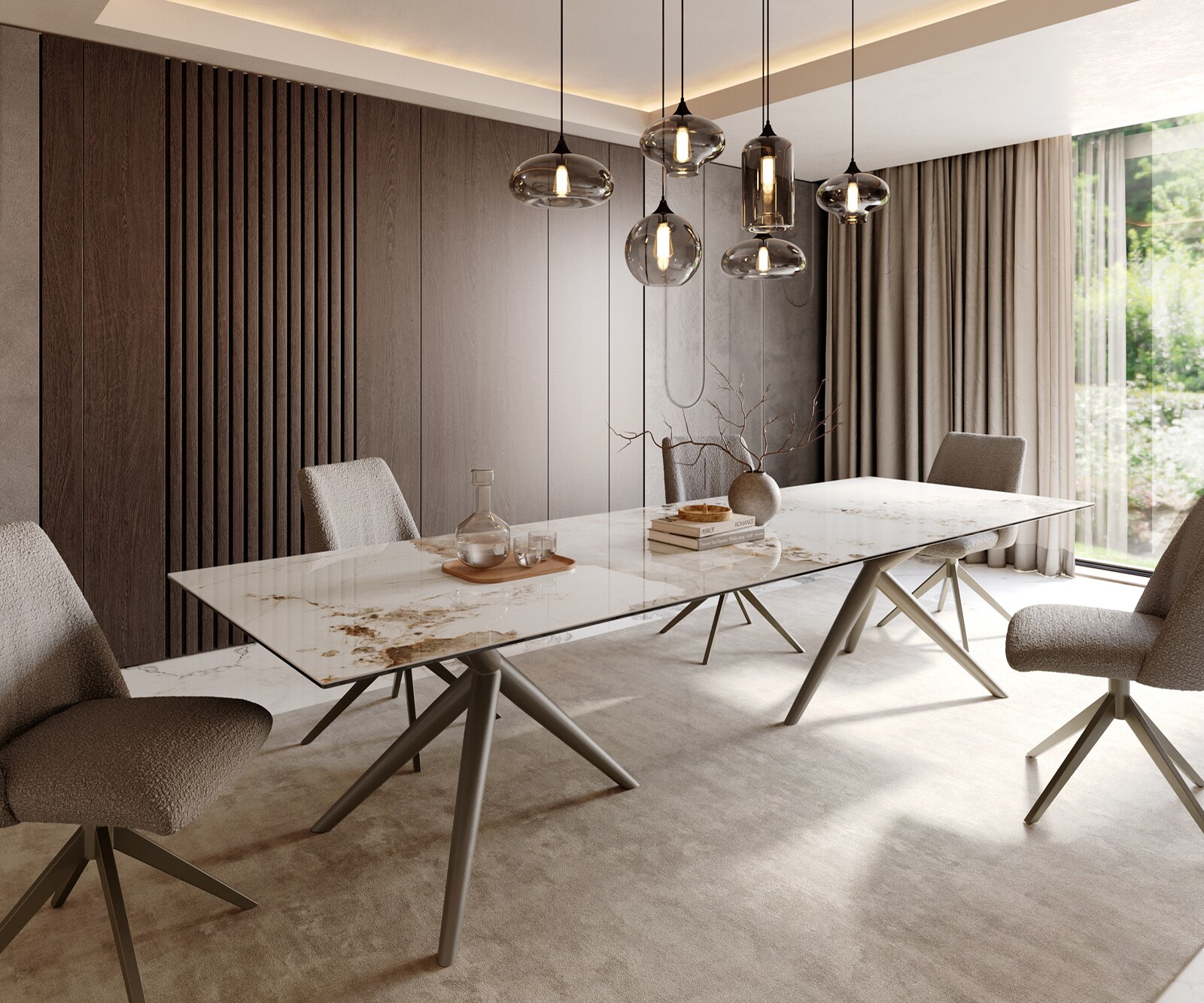 Esstisch Edge 300x100 Keramik Minas Melange Weiß-Beige Estelar rund Metall Effektfinish Titan 1