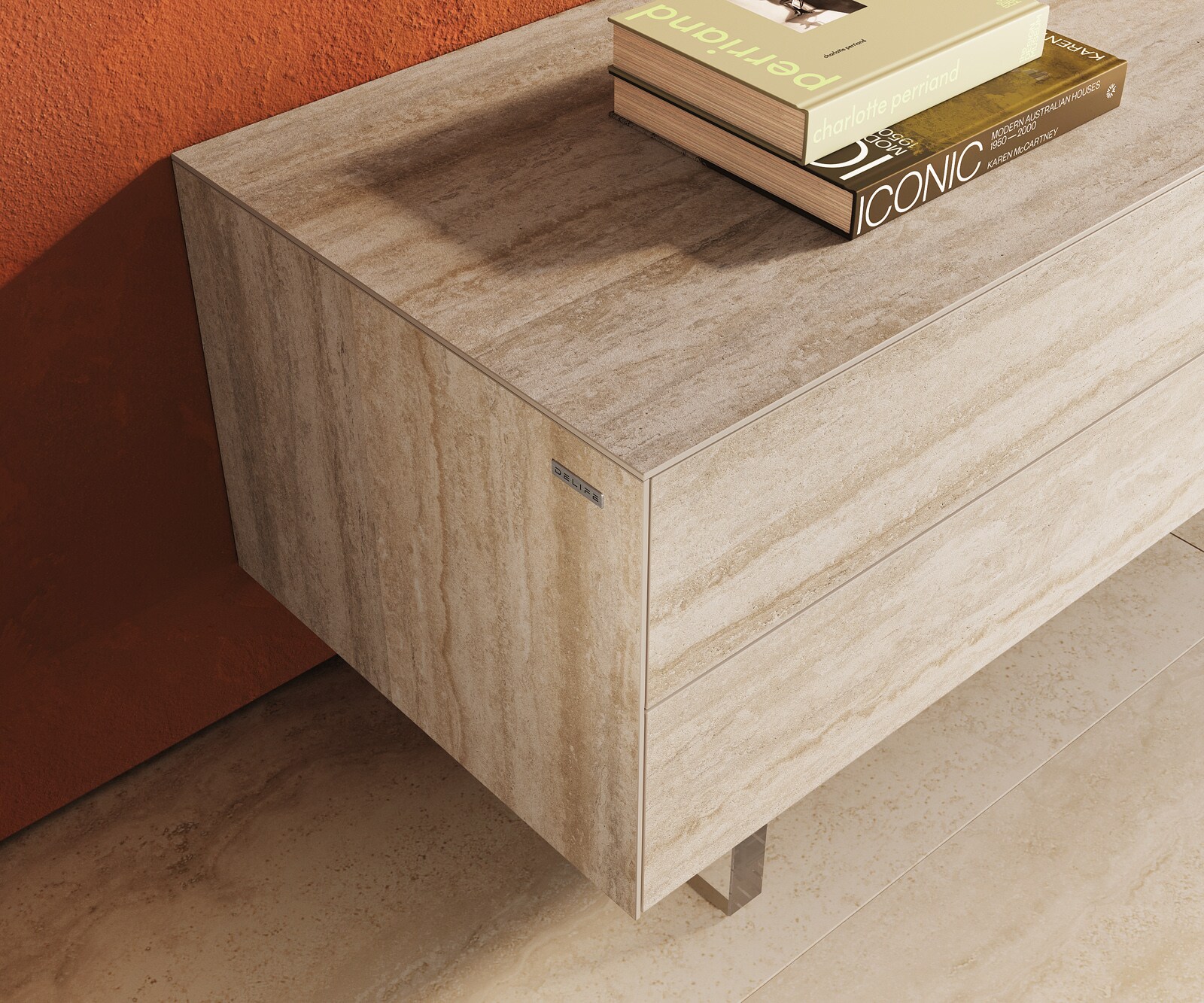 Lowboard Cuor 180 cm Keramik Laminam® Travertino Bianco Creme-Weiß 1 Klappe 2 Schubfächer Fuß Schwebeoptik Acrylglas 6