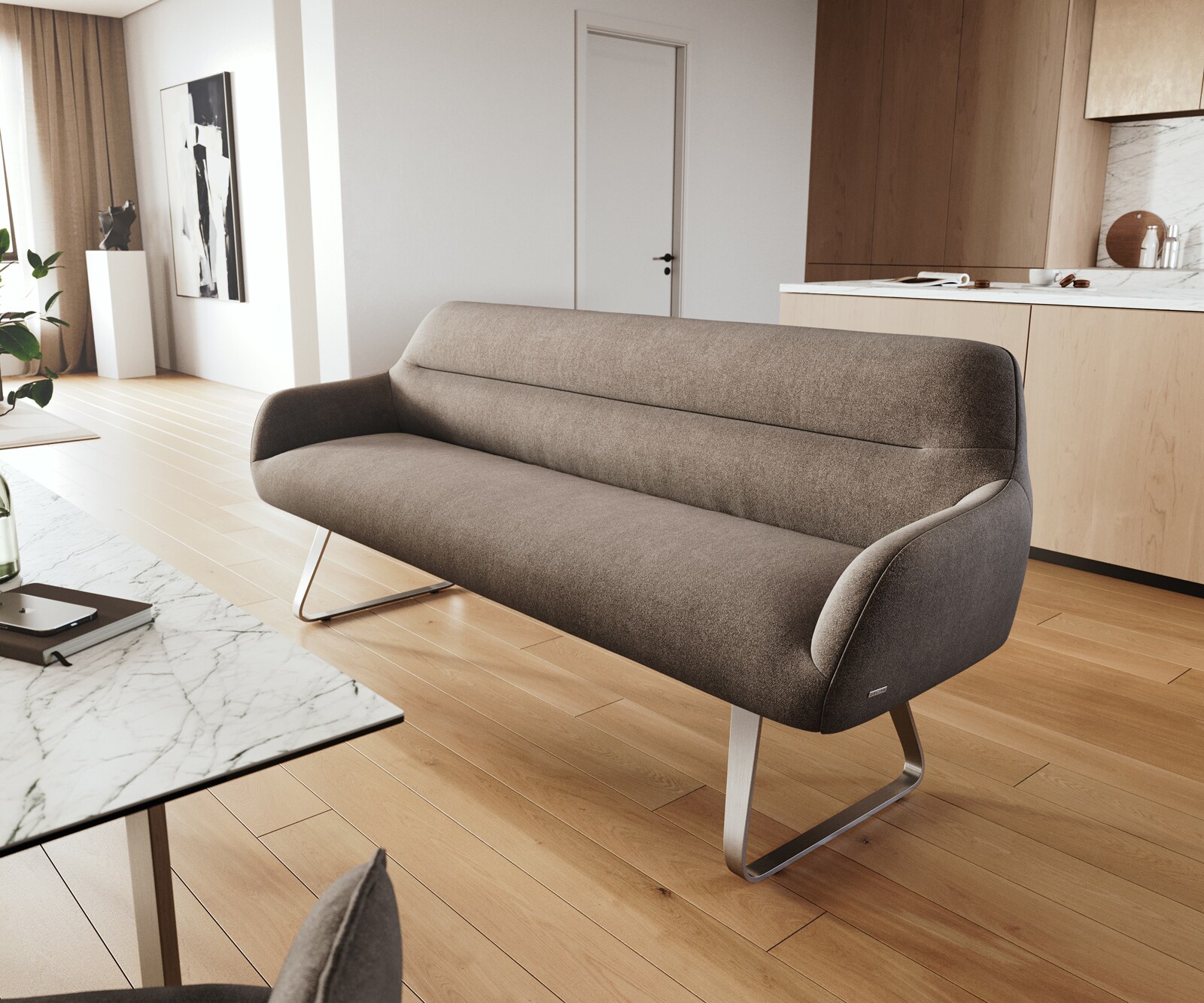 Esszimmerbank Taya-Flex 200 cm Strukturstoff Soft Taupe Kufengestell flach Edelstahl Taschenfederkern 1