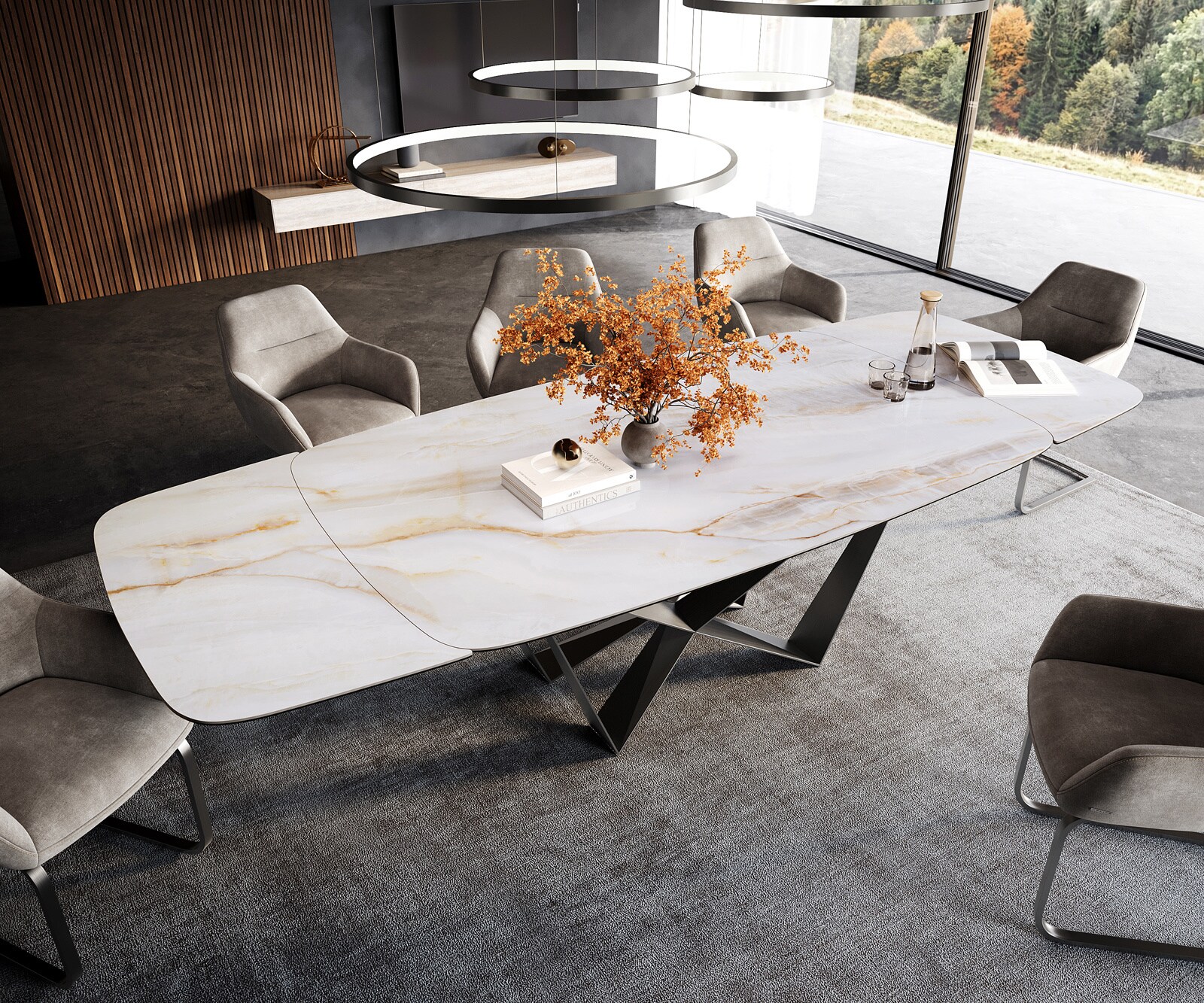 Esstisch Edge Boot 200-300x120 cm Keramik Onyx Pearl Spider Flachstahl Edelstahl Graphit ausziehbar 4