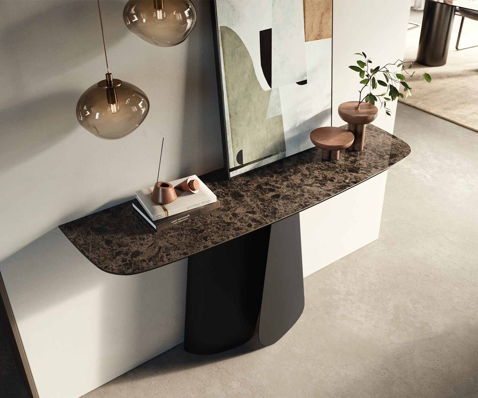 Konsolentisch Edge Boot 140x40 cm Keramik Emperador Extra Lucidato Dunkelbraun Livos Metall Schwarz 1