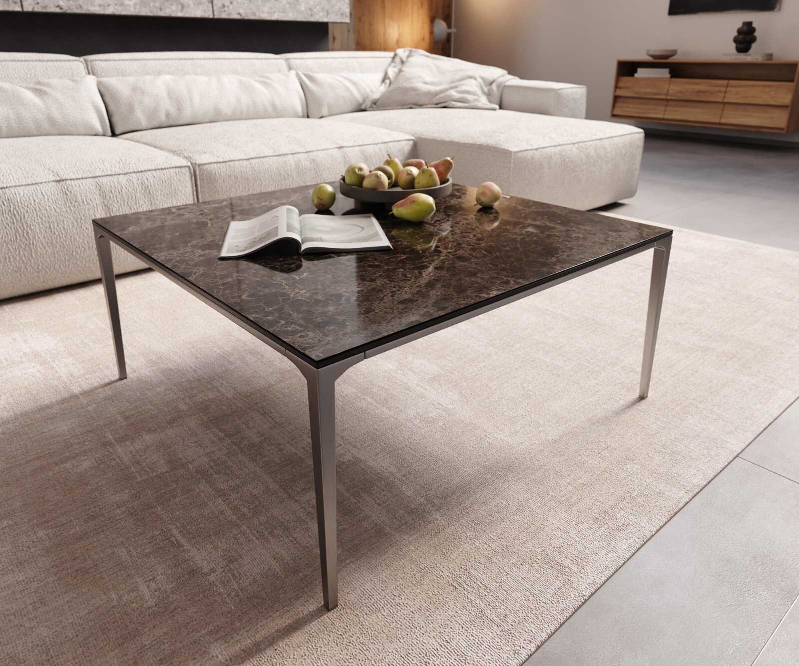 Couchtisch Levente 85x85 cm Keramik Emperador Extra Lucidato Dunkelbraun Gestell Edelstahl Silber