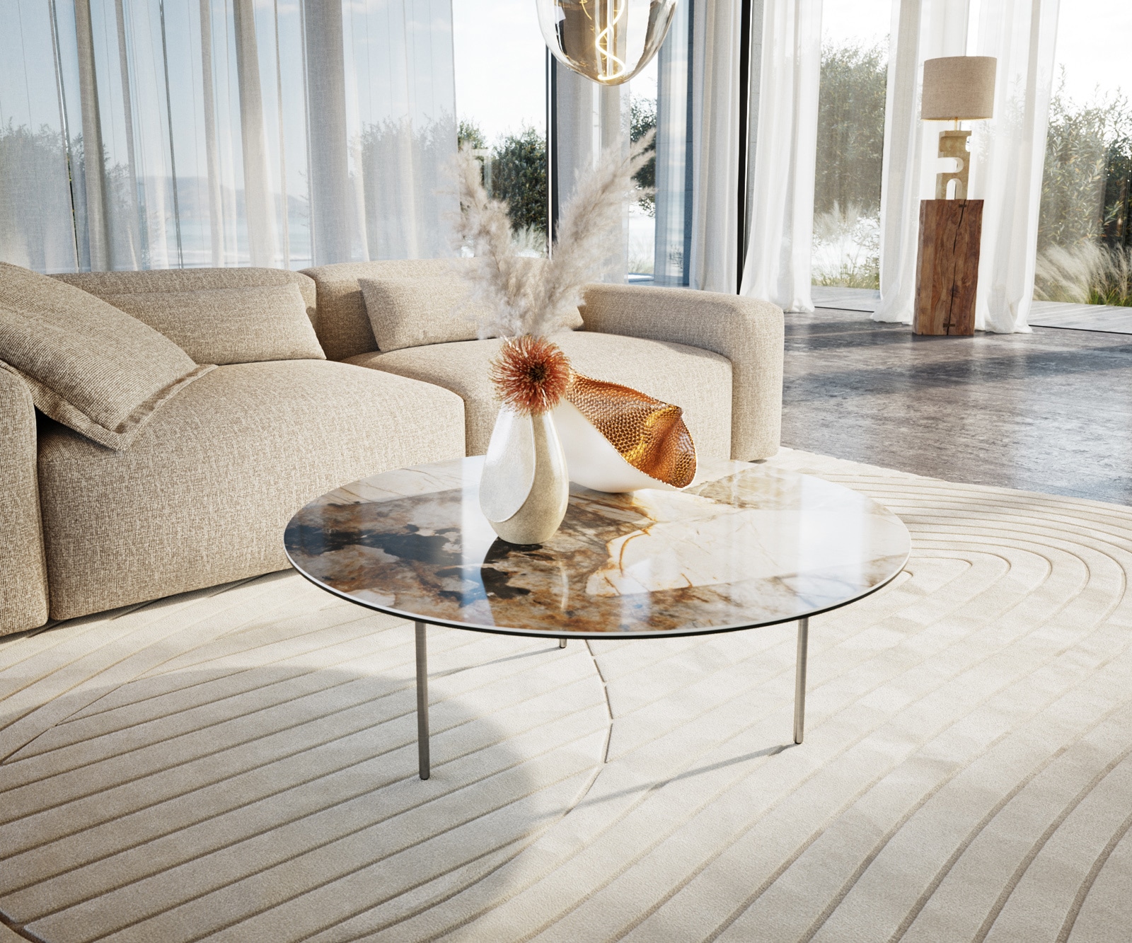 Couchtisch Edge Rund 100x100 cm Keramik Patagonia Poliert Trive Edelstahl gebürstet
