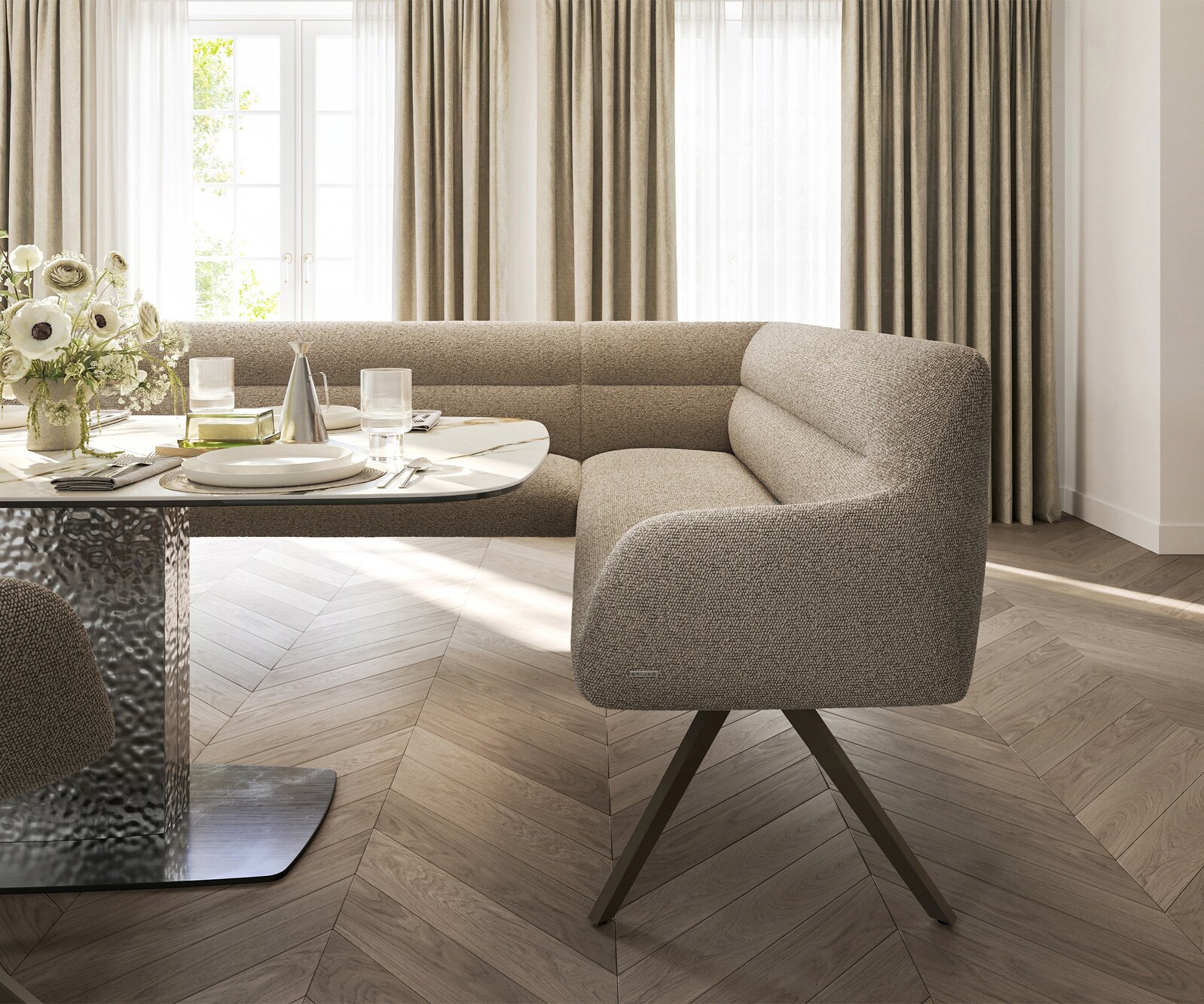 Esszimmerbank Taya-Flex 285x190 cm Bouclé Schlamm Kreuzgestell kantig Effektfinish Titan Taschenfederkern Links 5