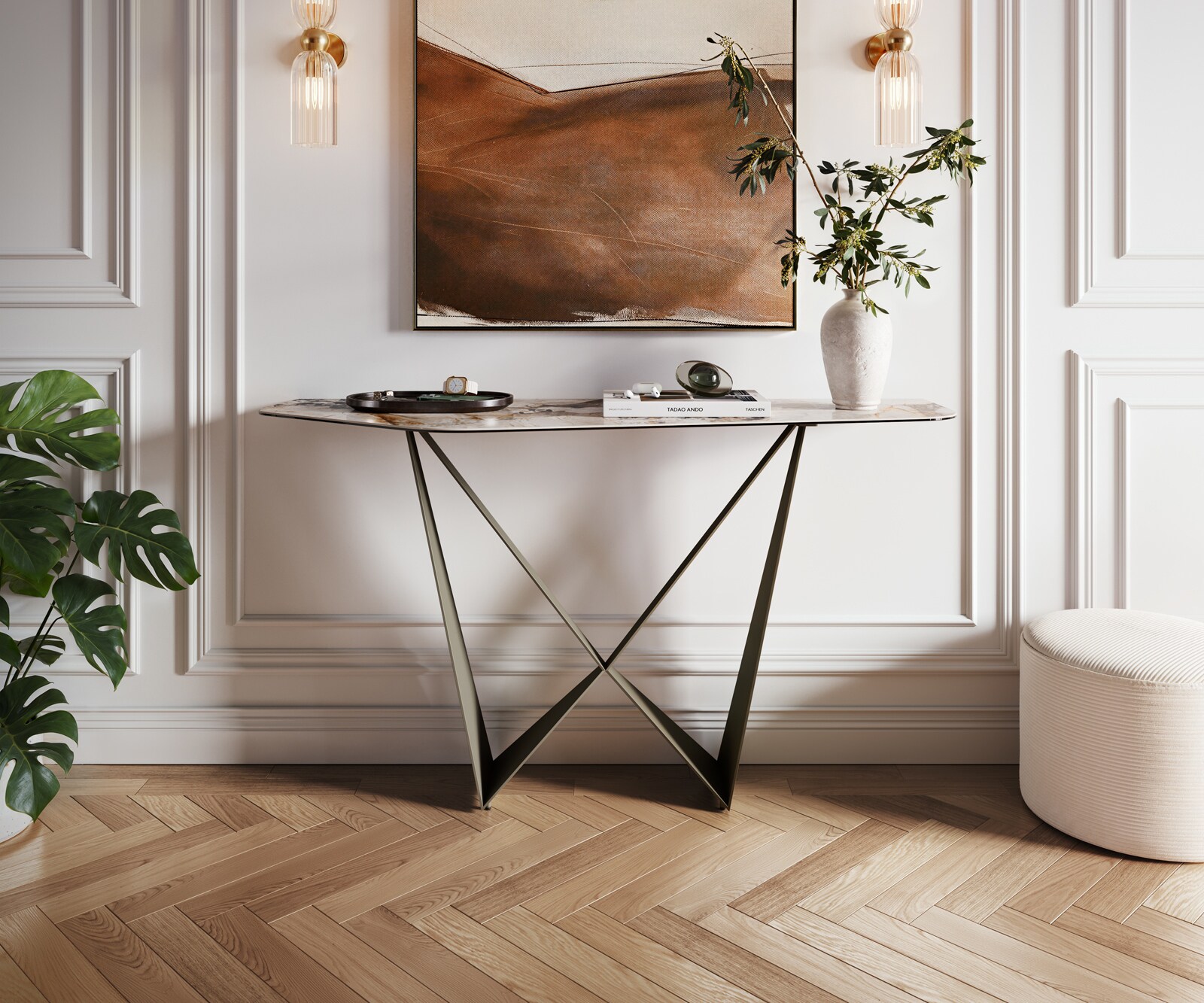 Konsolentisch Edge Polygonal 140x50 cm Keramik Patagonia Poliert Spios Metall Effektfinish Titan 4