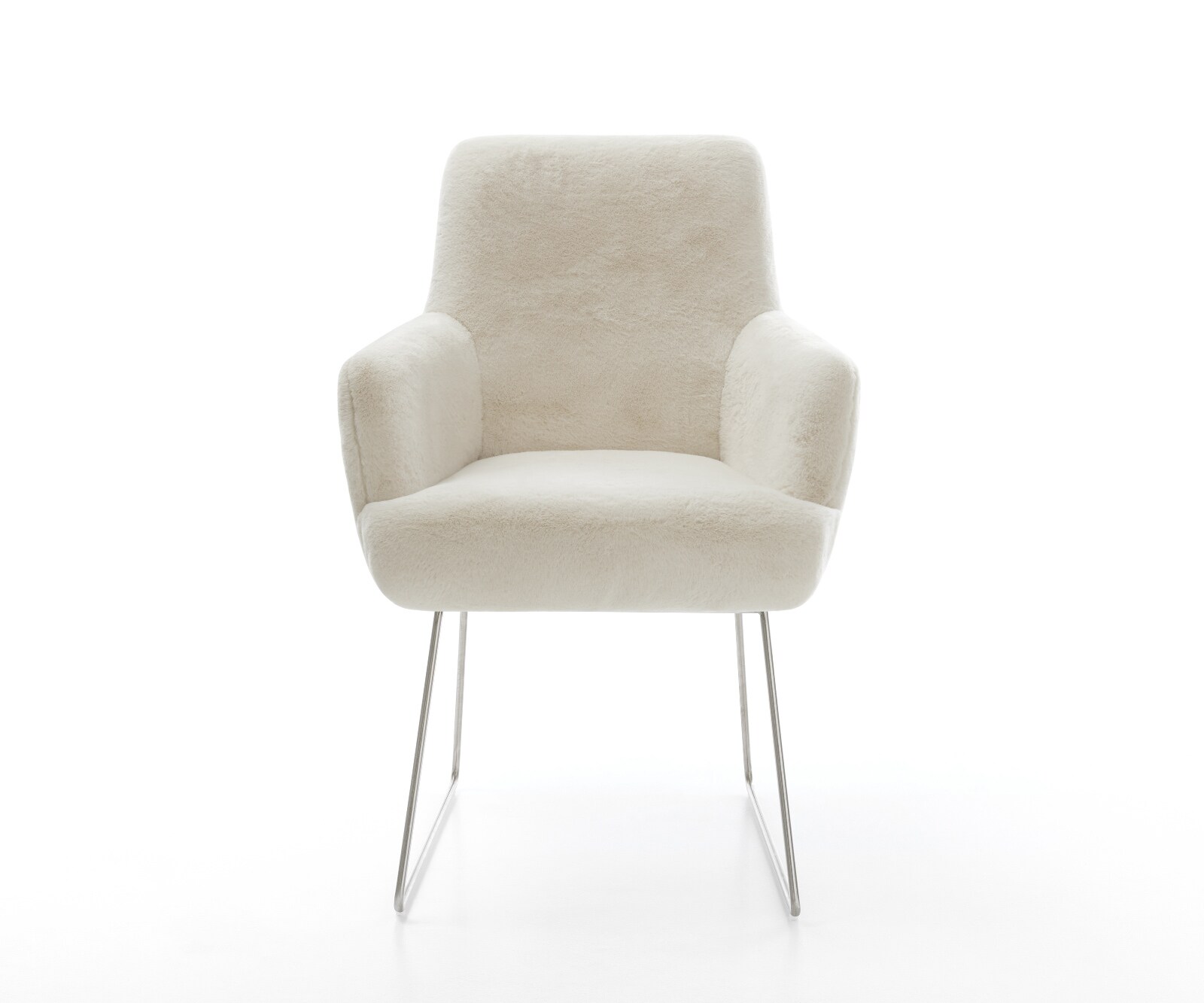 Esszimmerstuhl Heira-Flex mit Armlehnen Plüsch Creme-Weiß Kufengestell Edelstahl Taschenfederkern 2