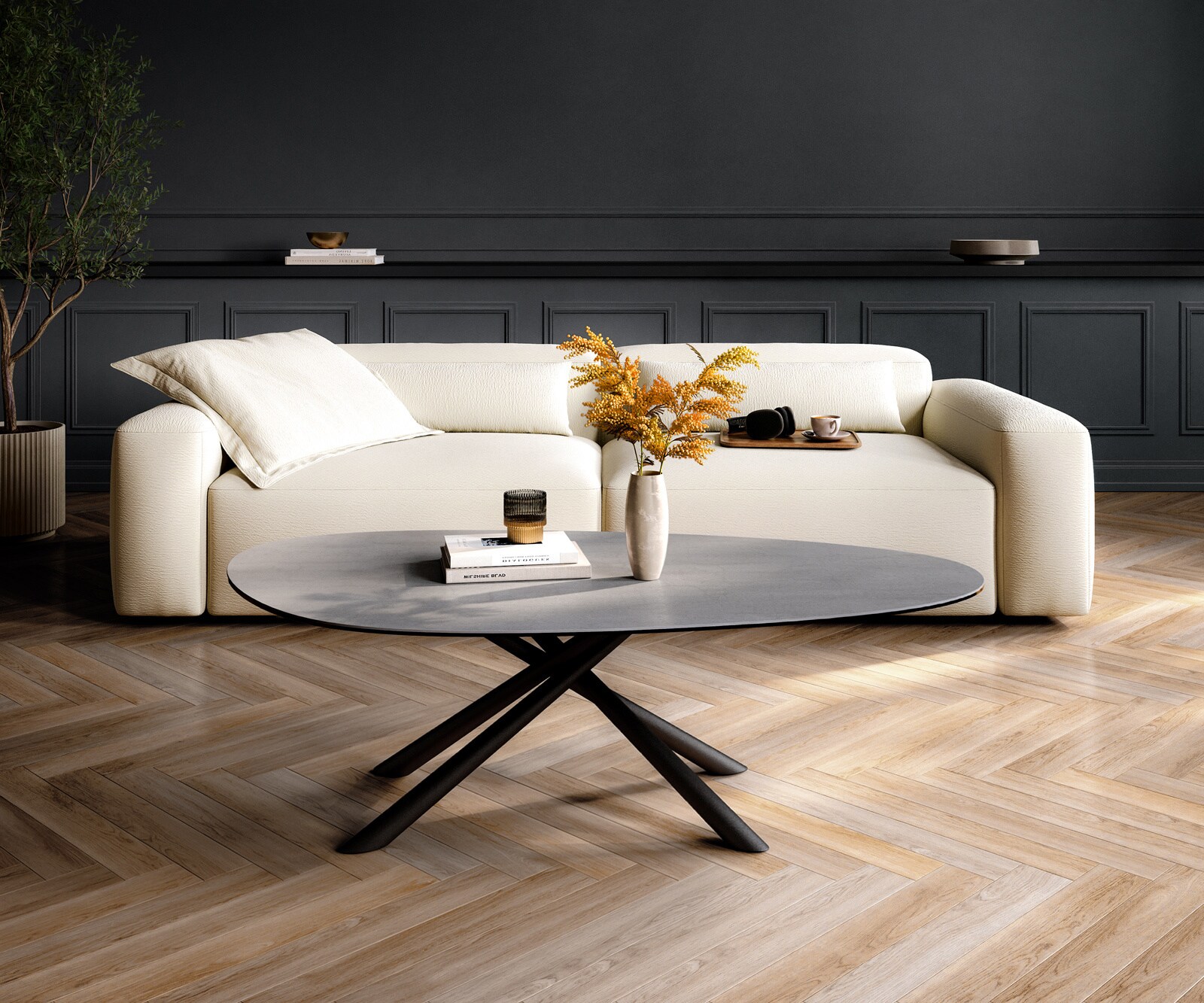 Couchtisch Edge Oval 140x75 cm Keramik Beton Grau Sarity Metall Schwarz 1