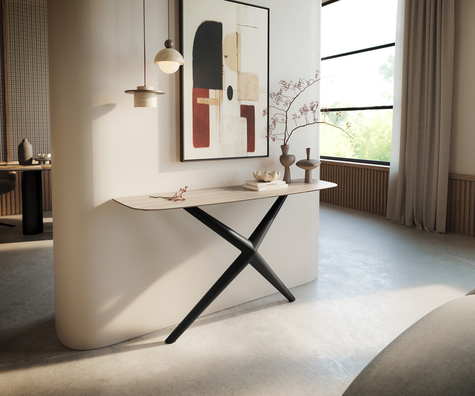 DELIFE Konsolentisch Edge Boot 140x40 cm Keramik Laminam Travertino Bianco Creme-Weiß Estelo Metall Schwarz, Konsolentische - B140 x T40 x H79 cm