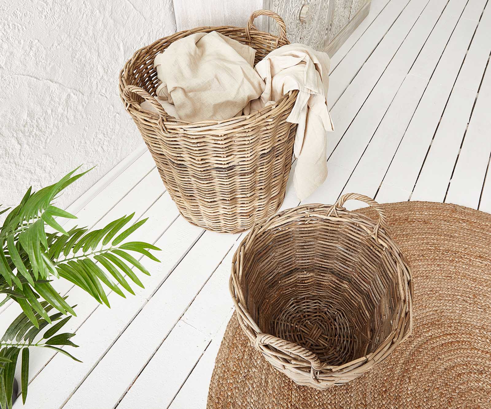 Wäschekörbe (2er Set) geflochten aus Kubu (Rattan) grau  3 Wäschekörbe (2er Set) geflochten aus Kubu (Rattan) grau  3