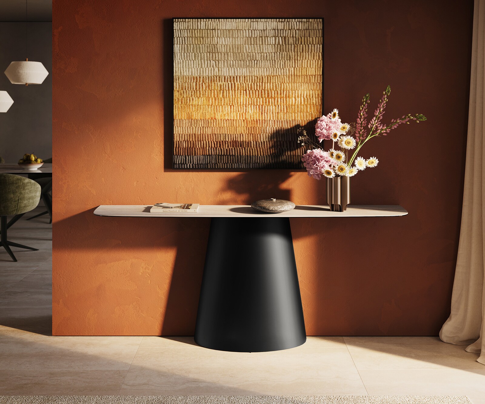 Konsolentisch Edge Boot 180x40 cm Keramik Laminam® Travertino Bianco Creme-Weiß Conos Metall Schwarz 1