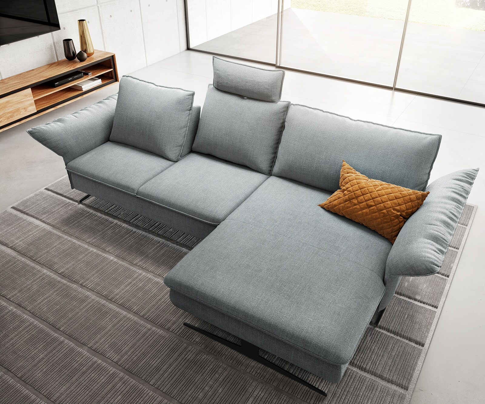 Ecksofa Nerio 300 x 190 cm Flachgewebe Pastellblau Recamiere rechts 6