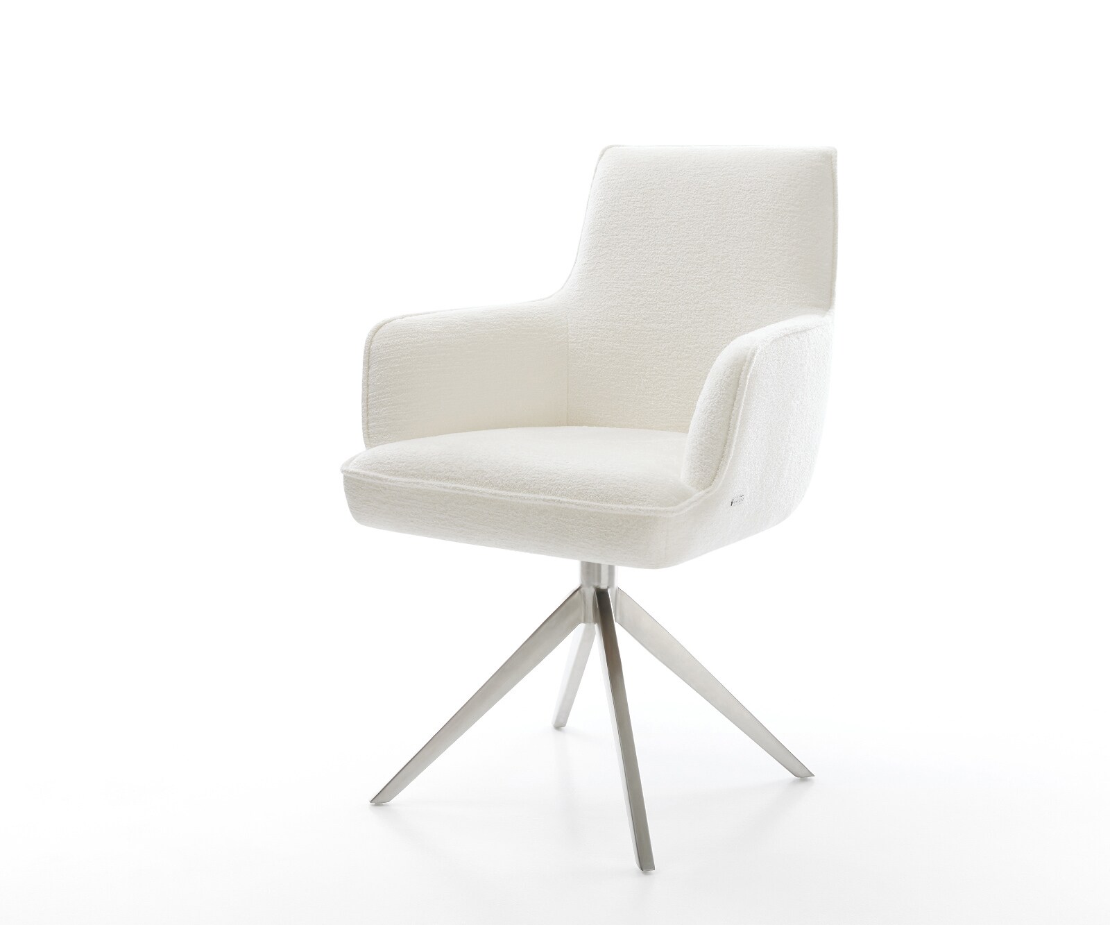 Drehstuhl Heira-Flex mit Armlehnen Bouclé Soft Beige Kreuzgestell breit Edelstahl 360° drehbar Wippfunktion Taschenfederkern 1