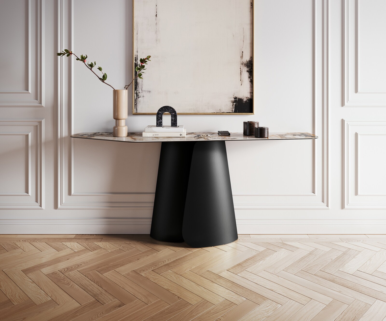 Konsolentisch Edge Polygonal 180x50 cm Keramik Patagonia Poliert Livos Metall Schwarz 3