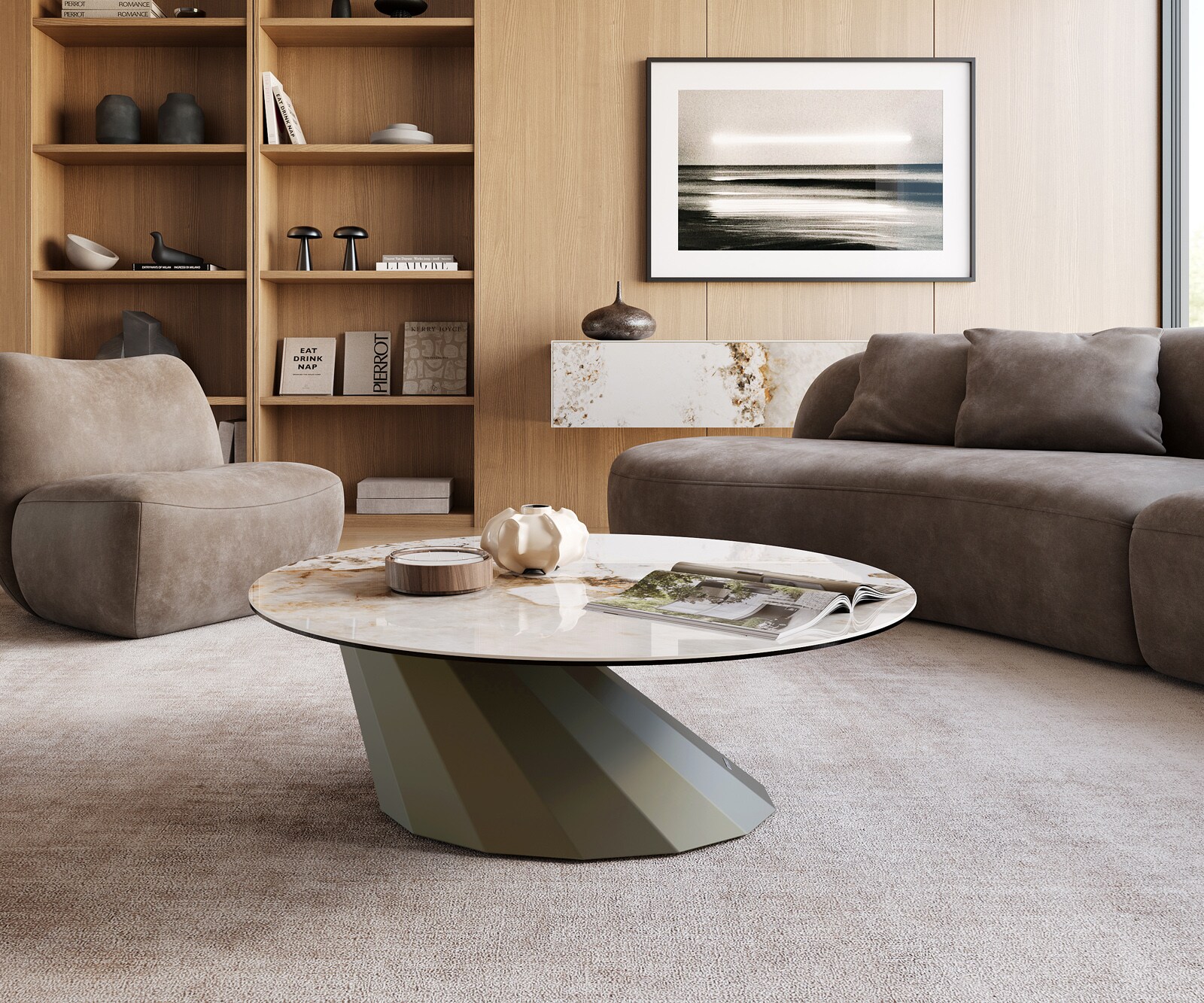 Couchtisch Edge Rund 100x100 cm Keramik Minas Melange Parabi Metall Effektfinish Titan 1
