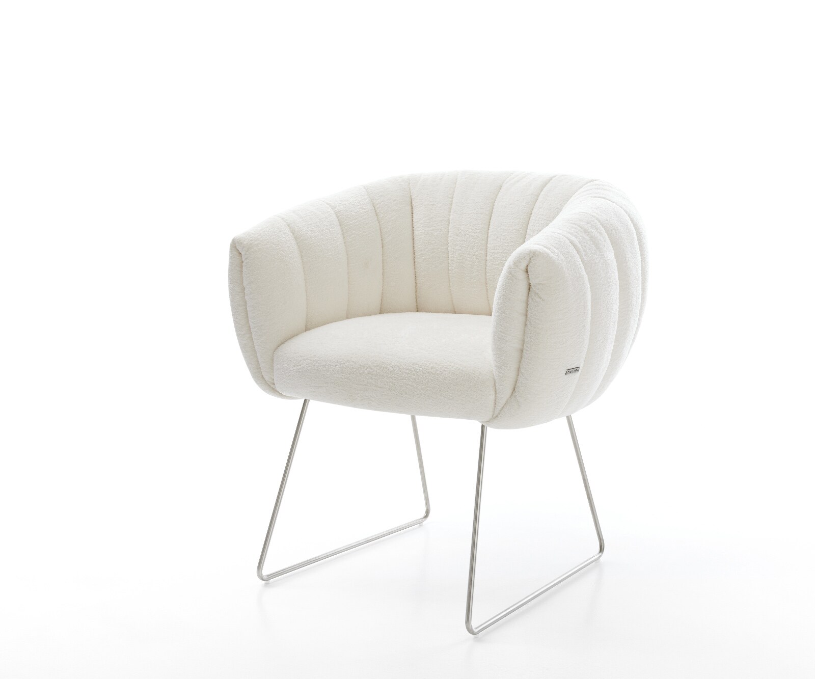 Esszimmerstuhl Jada-Flex Bouclé Soft Beige Kufengestell Edelstahl Taschenfederkern