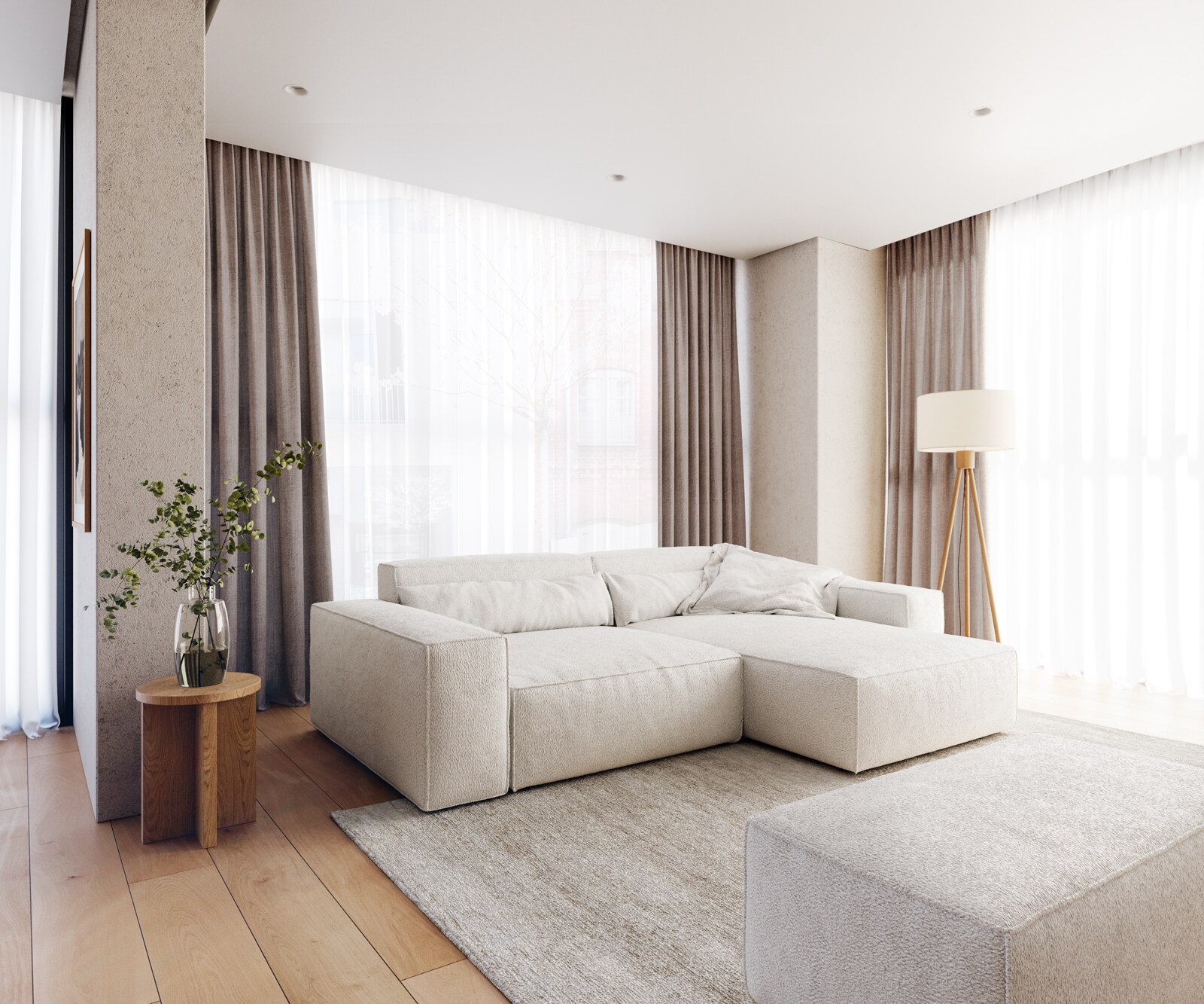 Ecksofa Sirpio XL 270x170 cm Bouclé Creme-Weiß Recamiere variabel mit Hocker 1