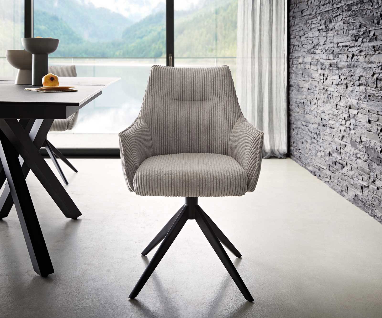 Drehstuhl Alja-Flex mit Armlehnen Cord Silbergrau Kreuzgestell breit Schwarz 360° drehbar Taschenfederkern 2