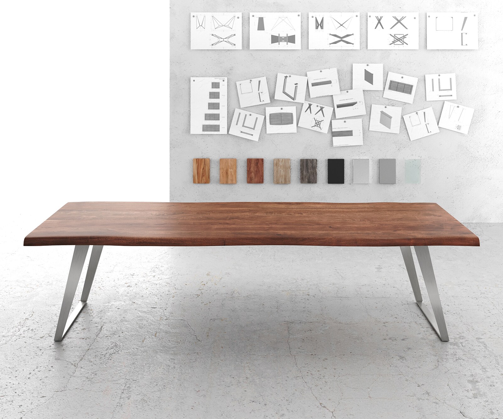 Esstisch Edge 300x100cm XL Akazie Braun Edelstahl Silber schräg Live-Edge 1