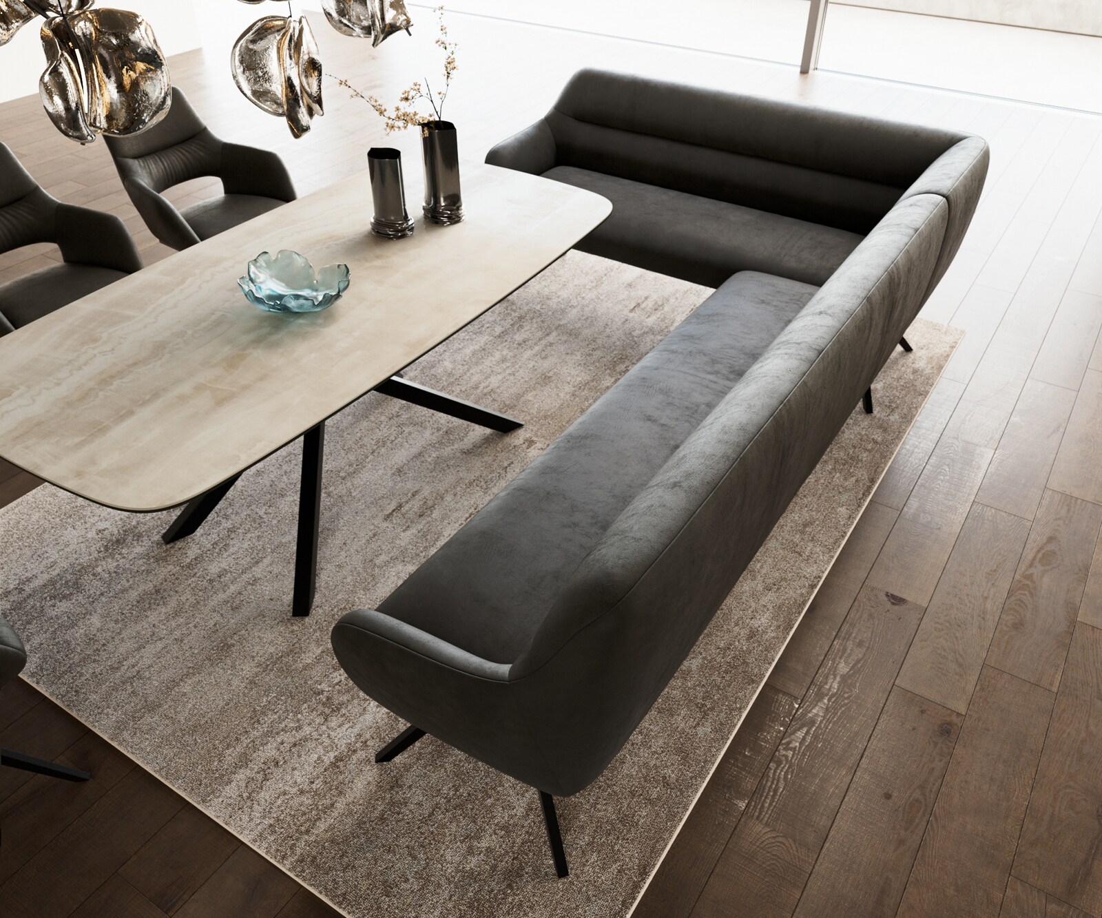 Esszimmerbank Taya-Flex 285x190 cm Mikrofaser Anthrazit Vintage Kreuzgestell kantig Schwarz Taschenfederkern Rechts 3