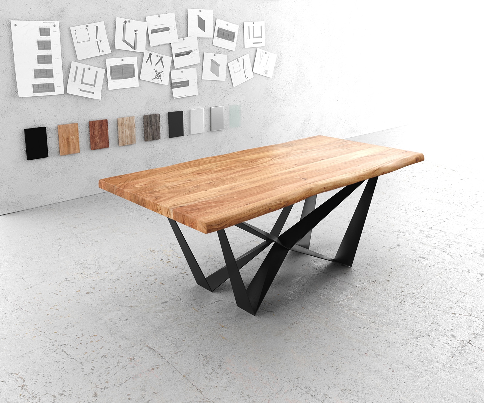 Esstisch Edge 200x100 XL Akazie Natur Spider Flachstahl Schwarz Live-Edge 1