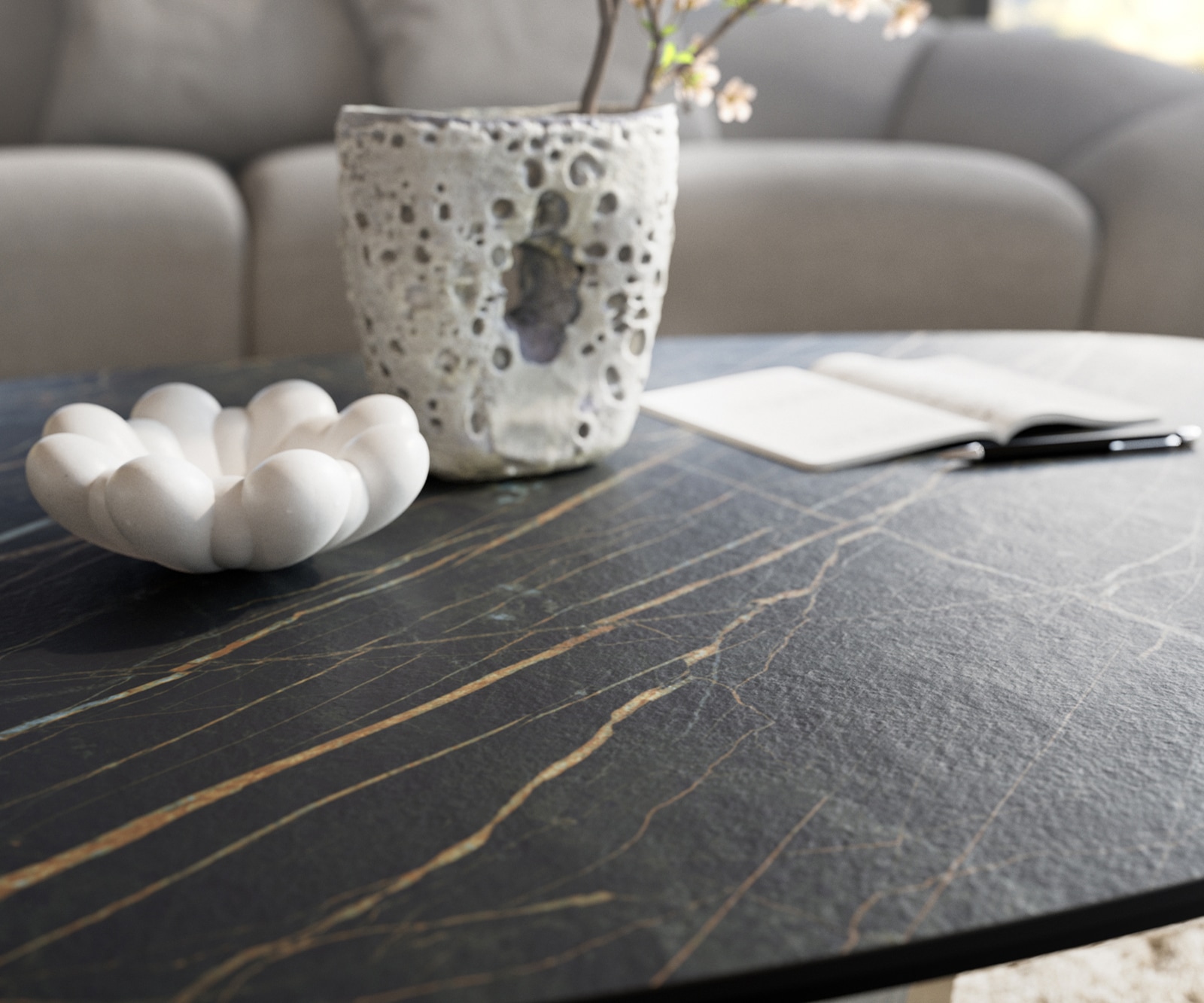 Couchtisch Edge Organisch 140x76 cm Keramik Laminam® Noir Desir Braun Sarity Metall Schwarz 7