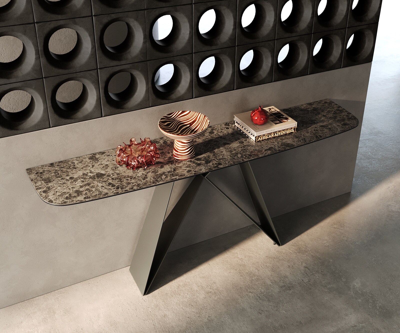 Konsolentisch Edge Boot 180x40 cm Keramik Emperador Extra Lucidato Dunkelbraun Velio Metall Effektfinish Titan 1