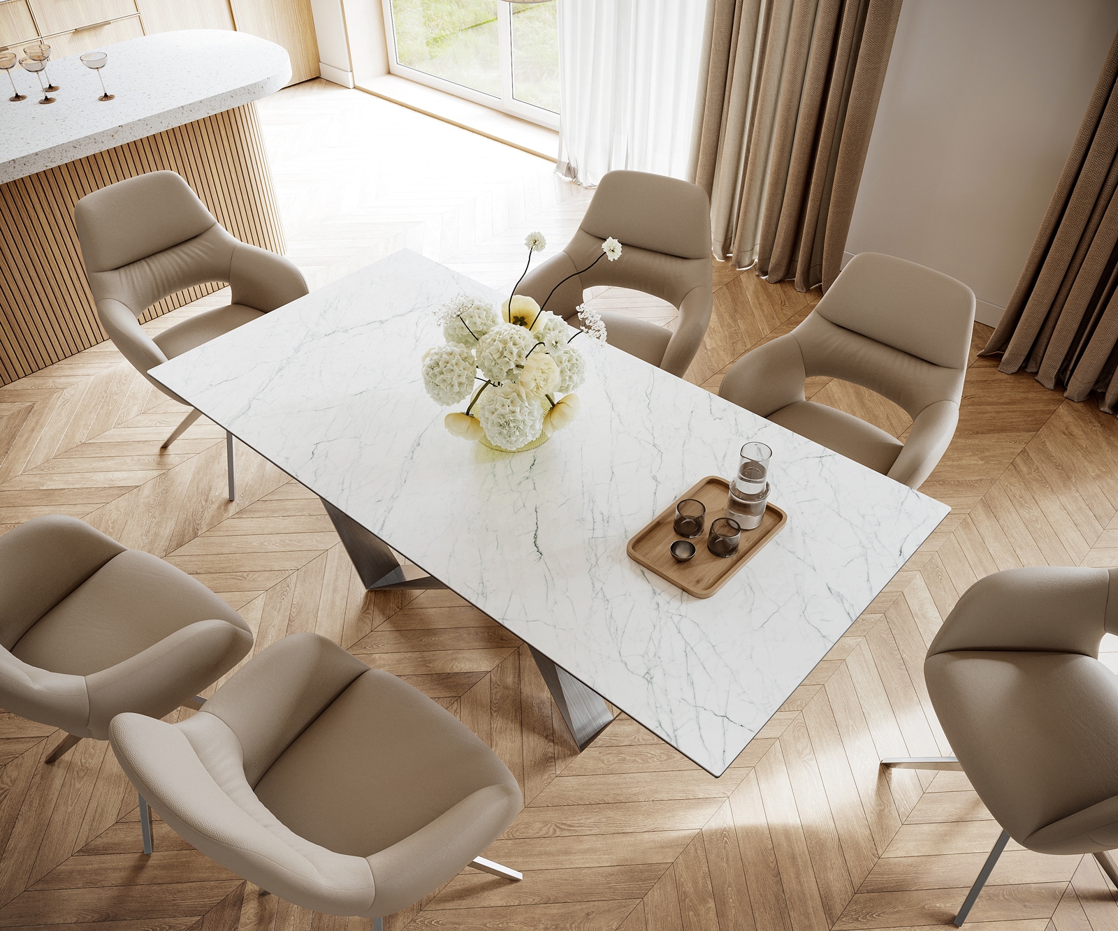 Esstisch Edge 200x100cm Keramik Laminam®Statuarietto Weiß Spider Flachstahl Edelstahl 3