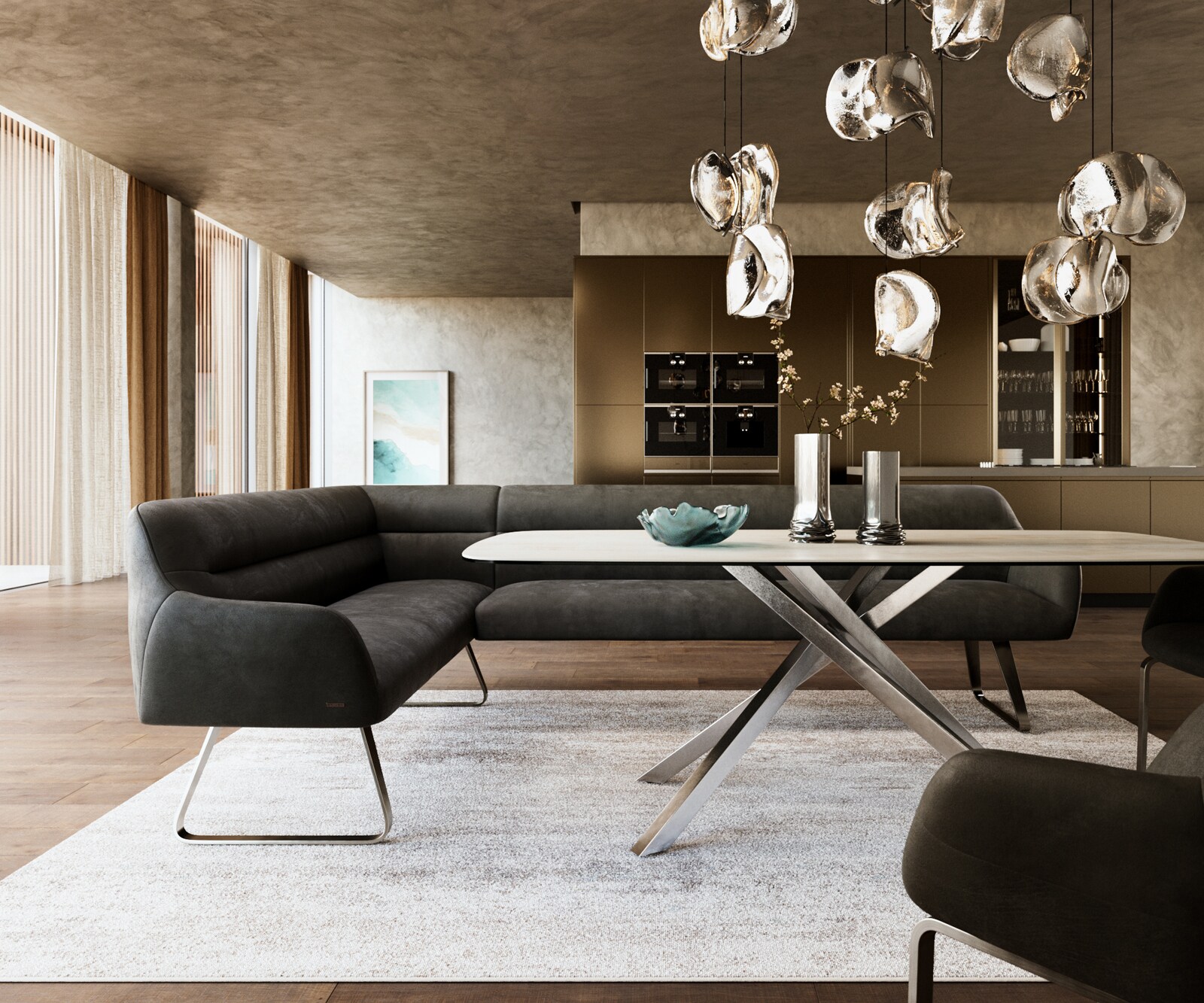 Esszimmerbank Taya-Flex 285x190 cm Mikrofaser Anthrazit Vintage Kufengestell flach Edelstahl Taschenfederkern Rechts 1