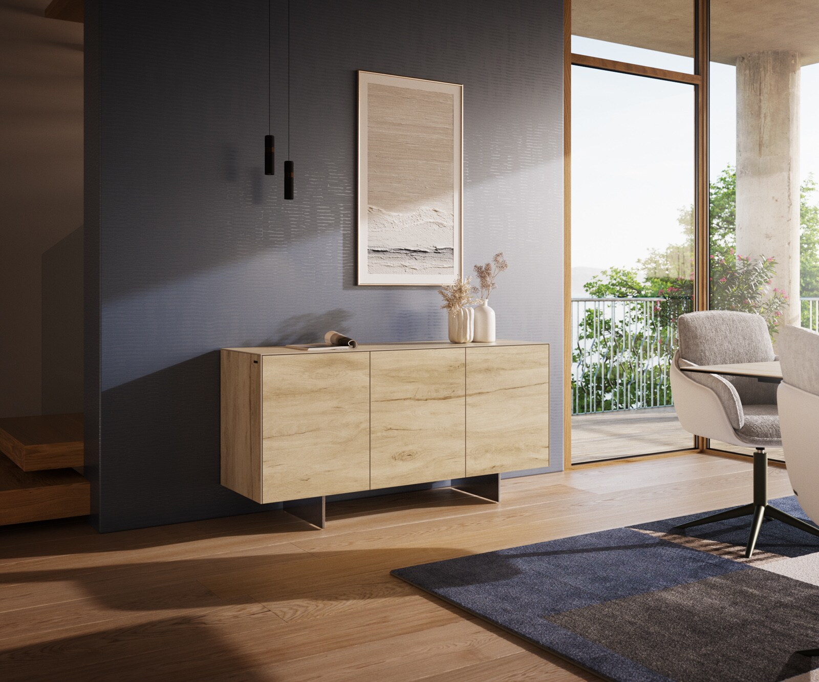 Sideboard Cuor 150 cm Keramik Laminam® Sabbia Eichefarbig 3 Türen Fuß Schwebeoptik Edelstahl