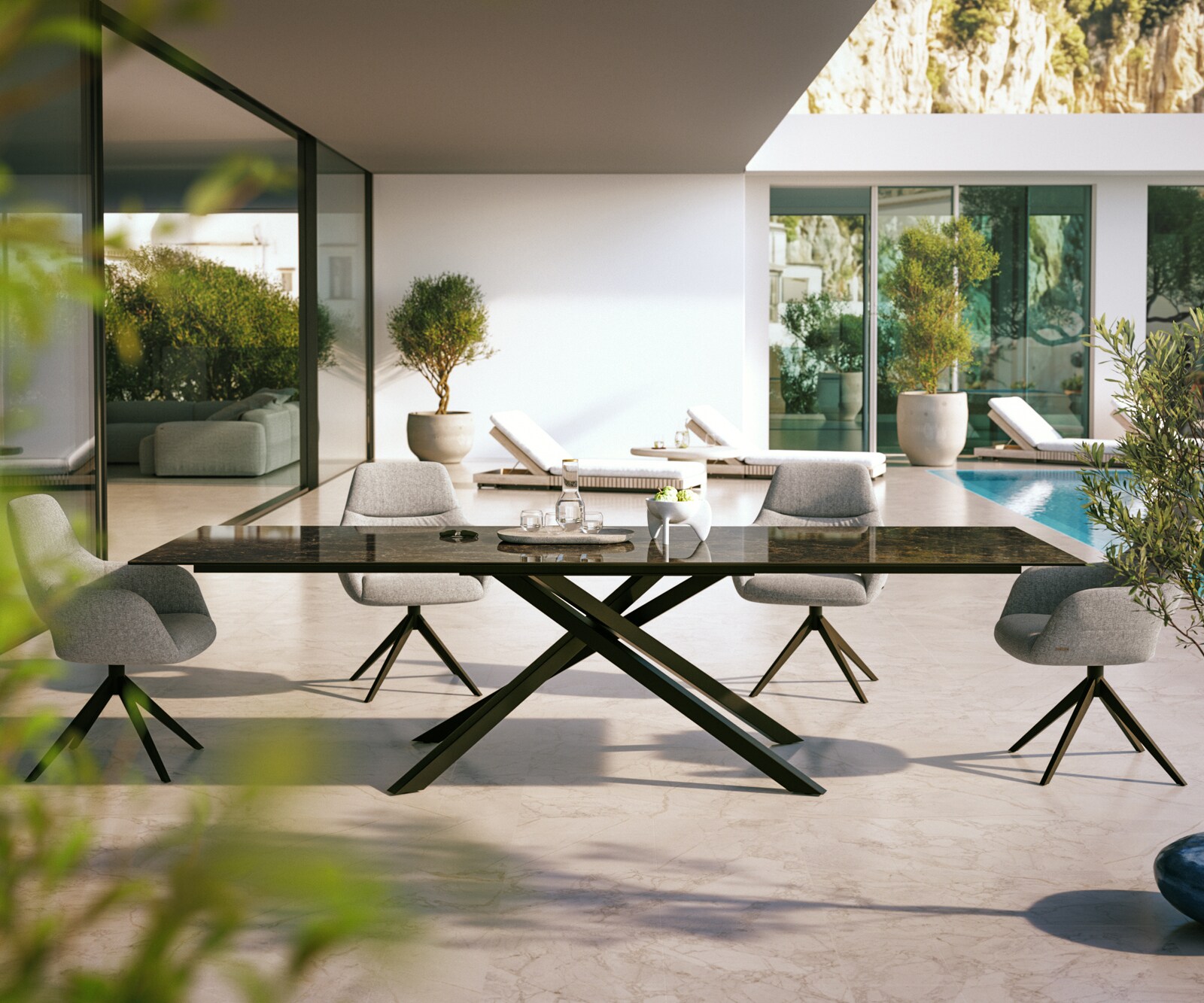 Outdoortisch Edge 300x100 cm Keramik Laminam® Emperador Extra Lucidato Dunkelbraun Kreuzgestell Rechteck Schwarz 1