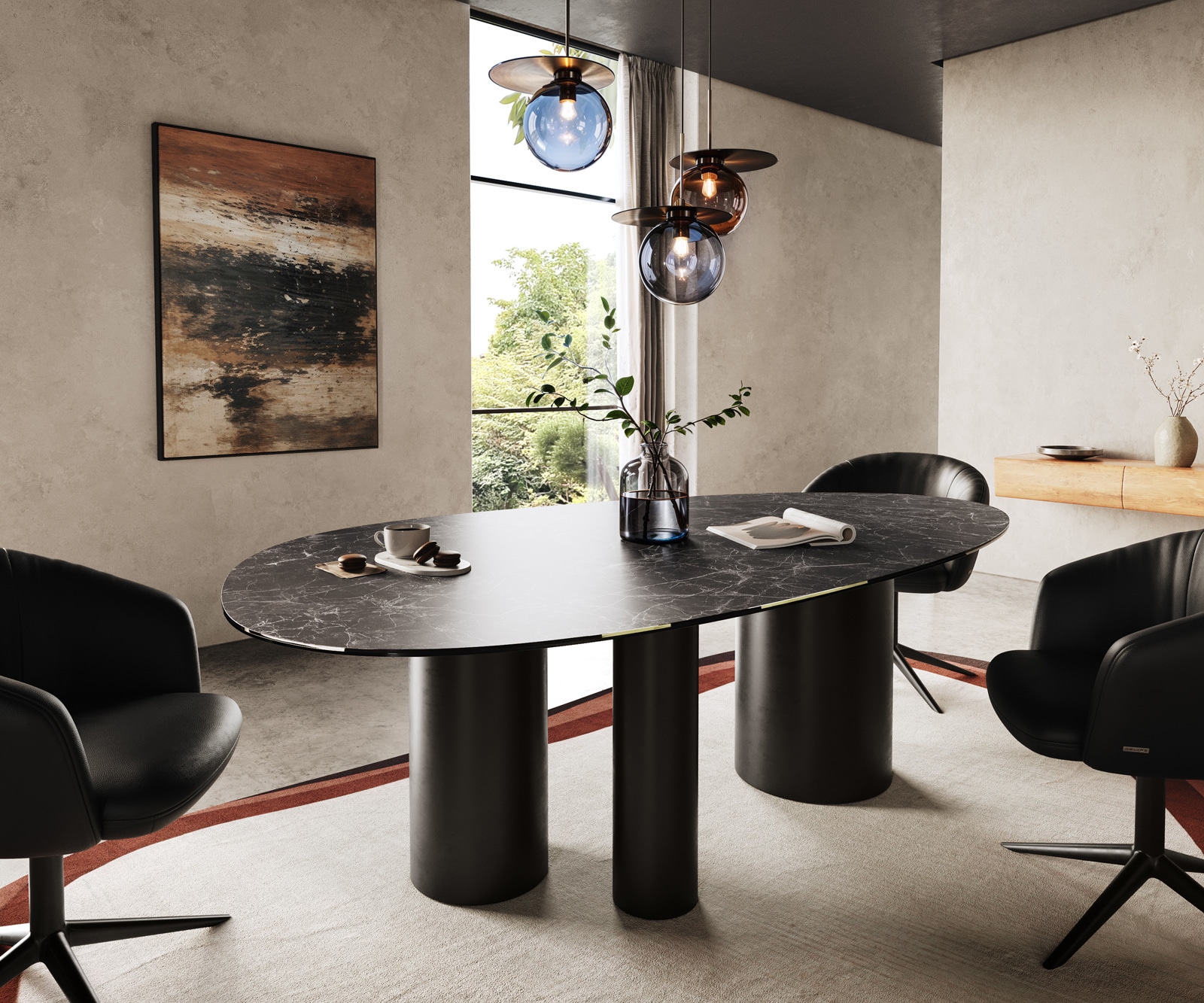Esstisch Edge Oval 220x120 Keramik Laminam® Nero Greco Anthrazit Troa Metall Schwarz