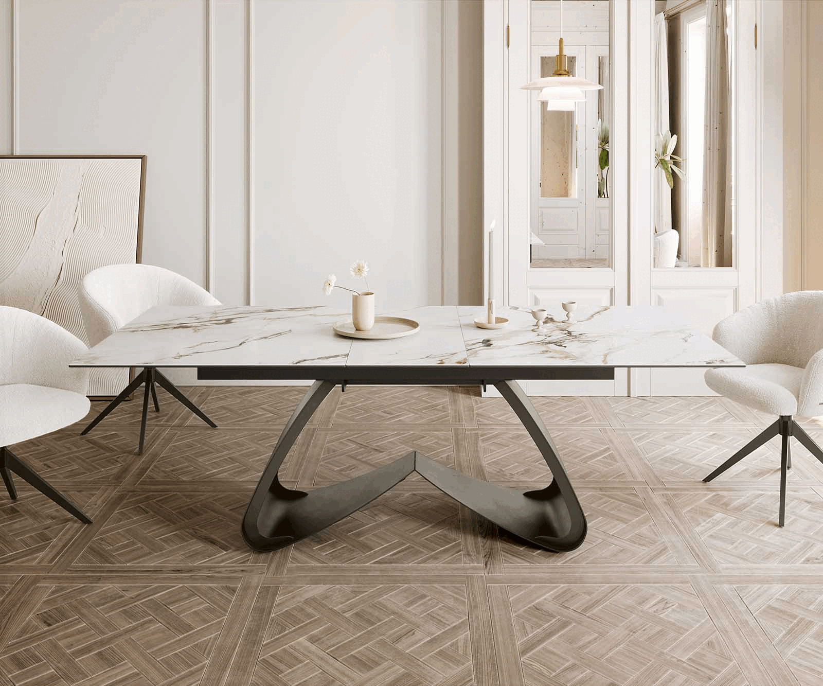 Esstisch Edge 180-220x100 Keramik Calacatta Luxe Weiß-Gold-Grau W-Gestell Effektfinish Titan Ausziehbar 1
